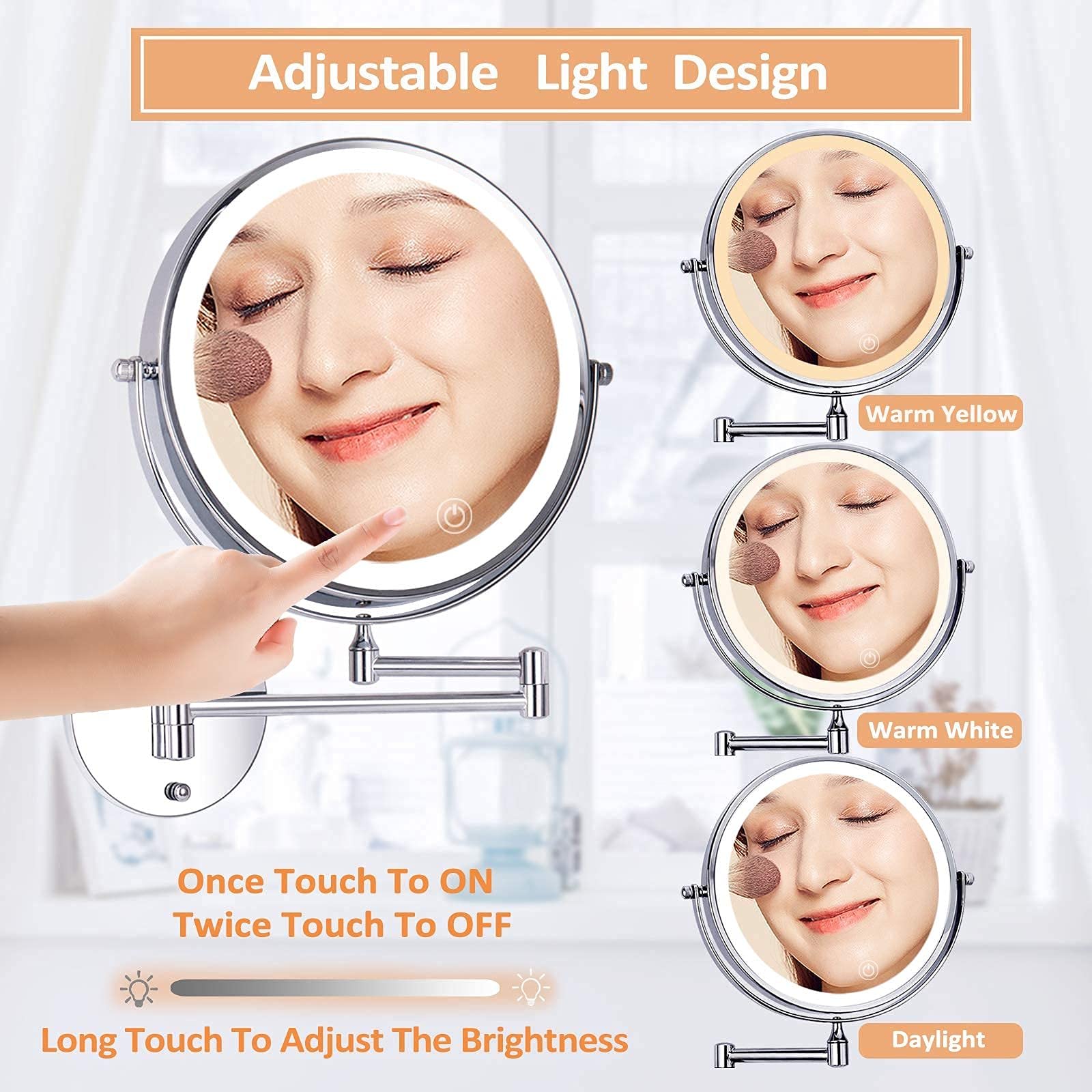 LED-make-upspiegel, Flexibele Vergrotende Spiegel met LED-licht, 10x Vergroting, 360° Draaibaar, Wandmontage, Badkamerspiegel, Make-up Make- upspiegel met Zwanenhals en Zuignap(Wit