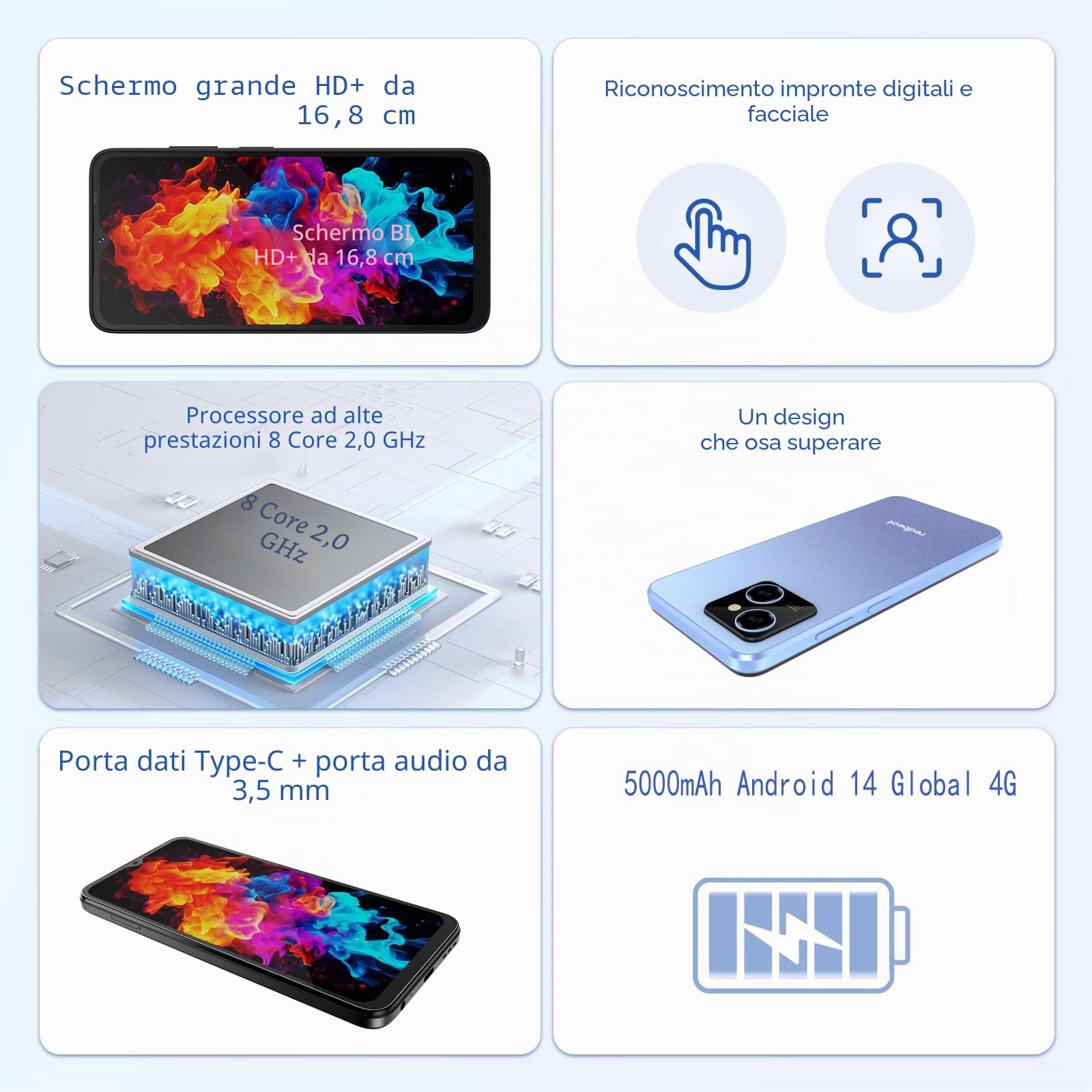 redbeat E3 Gaming Phone Android 14 Smartphone Sbloccato - 1.6GHz Processore Octa-Core 6.6" HD 12GB RAM 256GB ROM (1TB Espandibile)，5000mAh Battery，4G LTE Dual SIM，50MP Camerca Telefono Blu