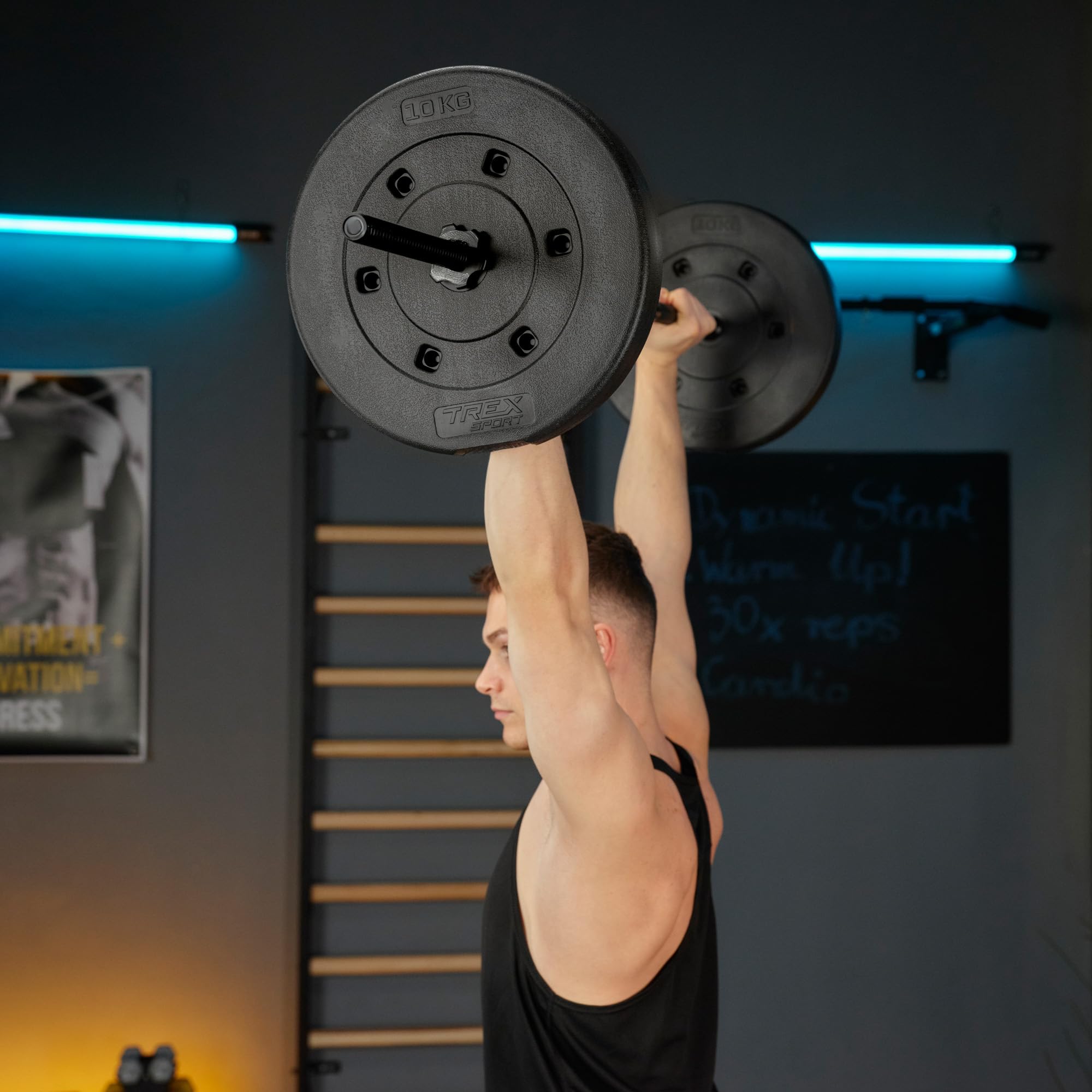TREX SPORT Hantelscheiben Set 20 kg | Kunststoff Gewichte 2x10 kg 27 mm | Abgeschrägte Kante, Sand-Zement-Füllung, für Langhantel, Gewichtsscheiben für Krafttraining und Fitness zuhause