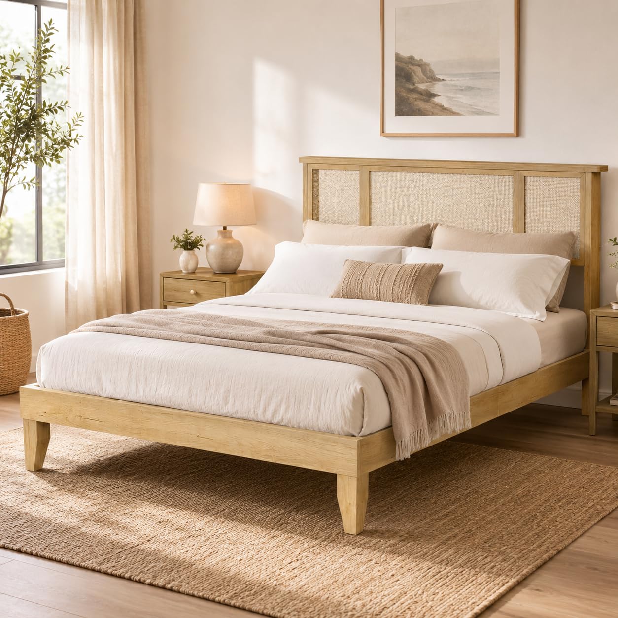Photo 1 of IDEALHOUSE Full Bed Frame with Natural Rattan Headboard, Slats, Bohemian-Style Cane Mattress Support, Strong Metal Base with Resilient Wooden, No Box Spring Needed