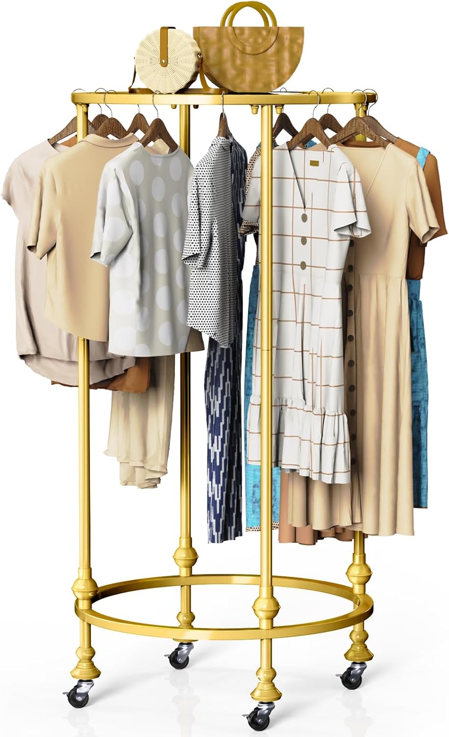 Rolling Round Garment Rack, Freestanding Double Space Multi-Purpose Retail Clothing Rack with Wheels and Topper, Heavy Duty Commercial Clothing Organizer for Retail Boutique Bedroom (Black)