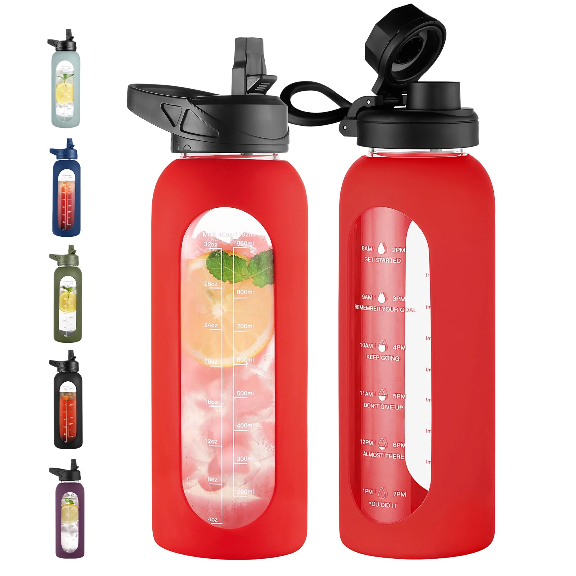 CIVAGO 40 oz Glass Water Bottle with Straw, Large Motivational Water Jug