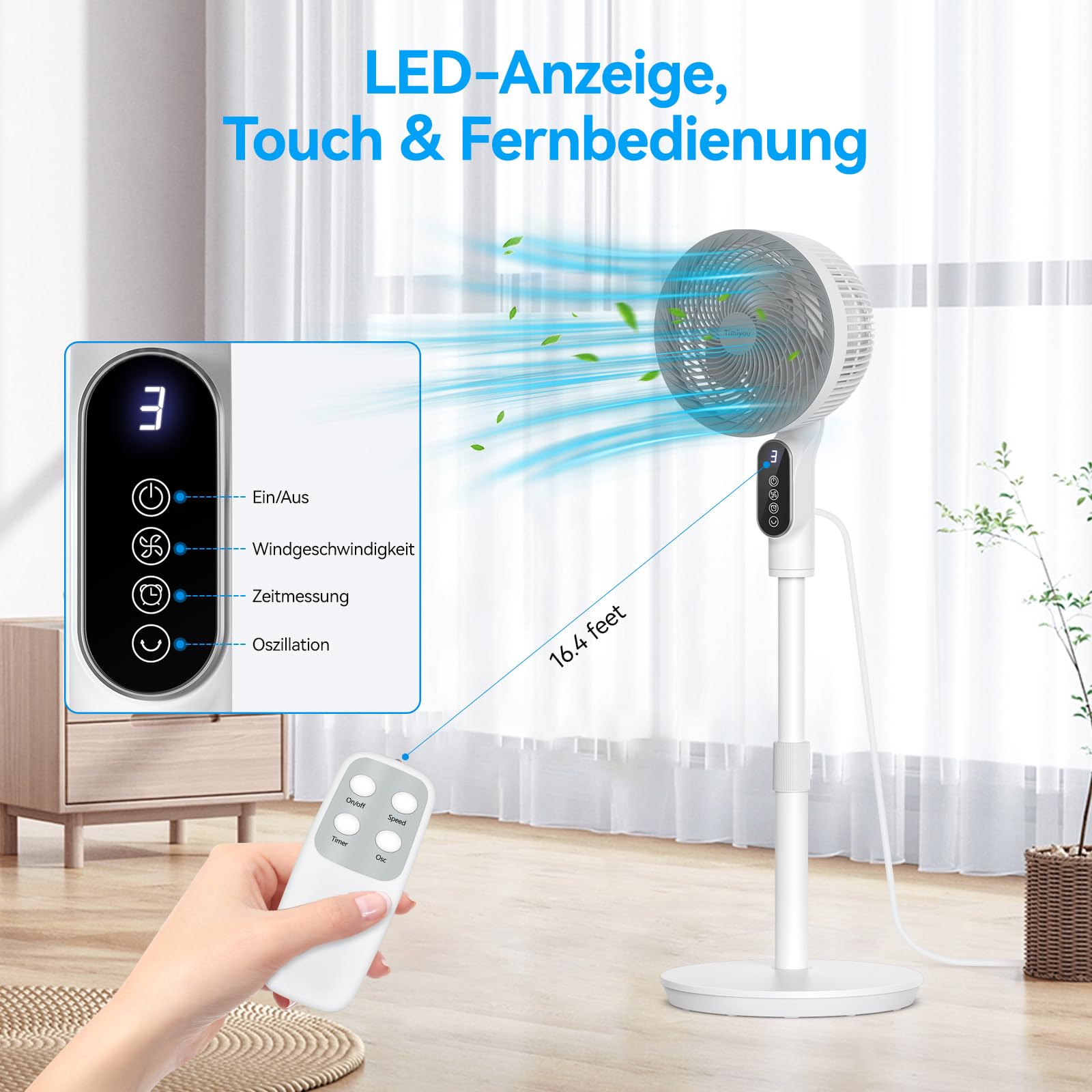 Smart Standventilator 100cm, Ventilator Leise 22dB, Turbo-Luftzirkulator mit 6 Modi, Windabstand 10 M, Oszillierend 90°, Fernbedienung Tastbildschirm, 9h Timer