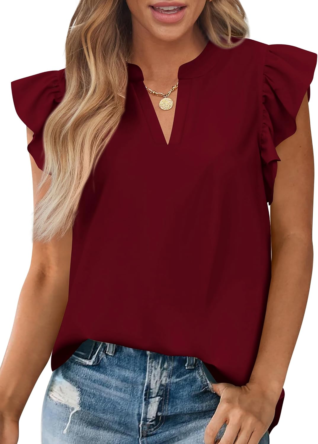 Zenlonr Womens Summer Tops 2026 Casual V Neck Ruffle Cap Sleeve Blouse Shirts Solid Color Tunic Tops