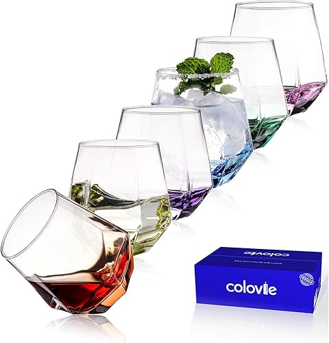 ColoVie Juego de 6 copas de vino sin tallo, copas de cóctel, copas de vino en forma de diamante para vino blanco o tinto, vasos coloridos únicos, 10