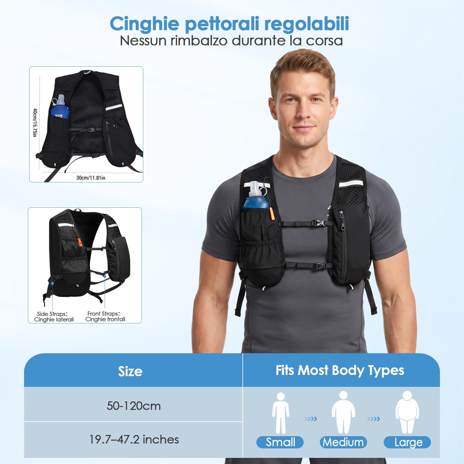 Gilet da Corsa Uomo Donna 140 g con Soft Flask 500 ml, Riflettente | Fischietto di Emergenza, Strisce Riflettenti, Traspirante, Cinghie Regolabili, Tasche Multiple