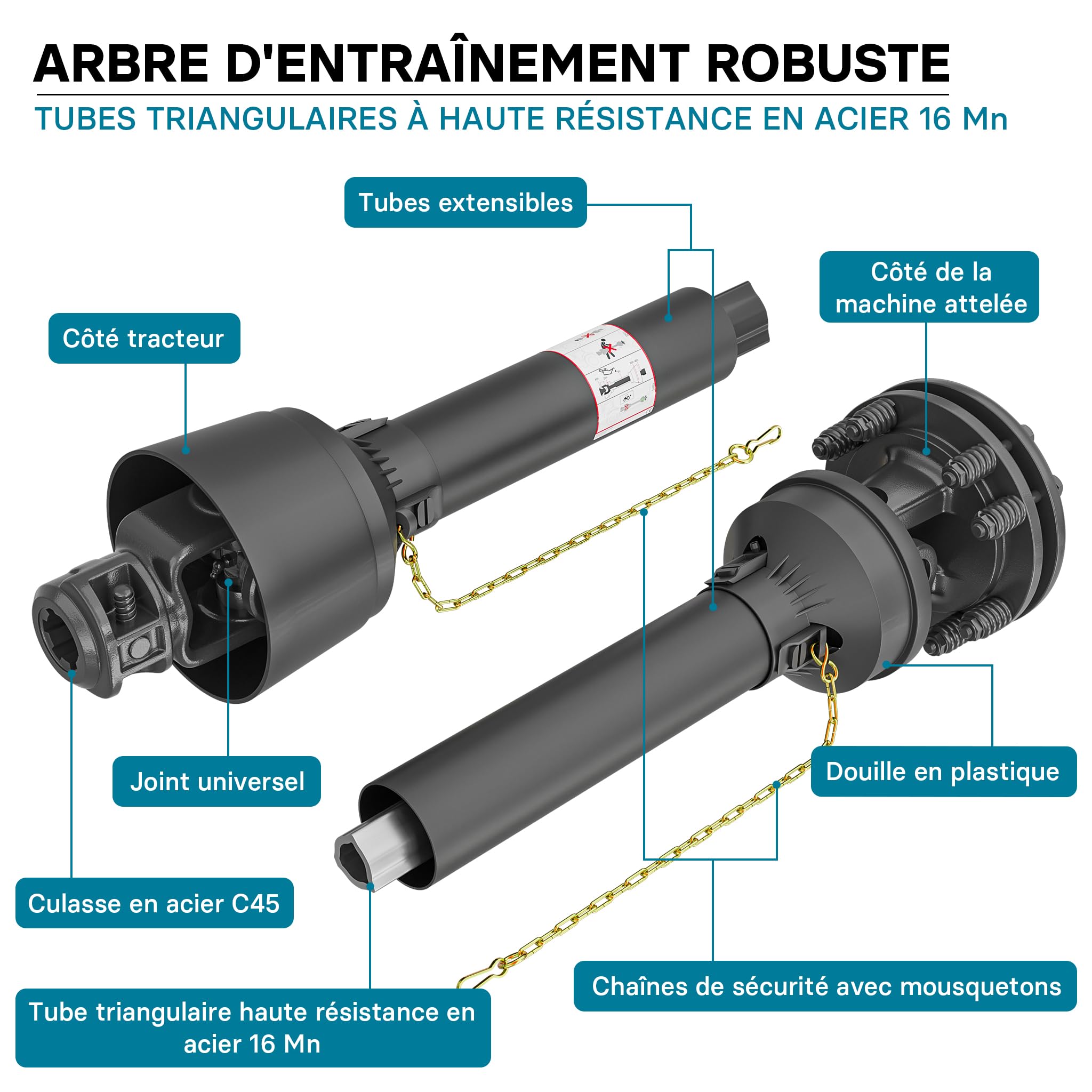 WilTec Arbre Transmission T4 cardan - Longueur 1100-1210 mm / 2X 1 3/8" 6 Dents & Embrayage / 460 Nm / 540 TR/Min / 40 KW (55 CV) - Prise de Force agricole