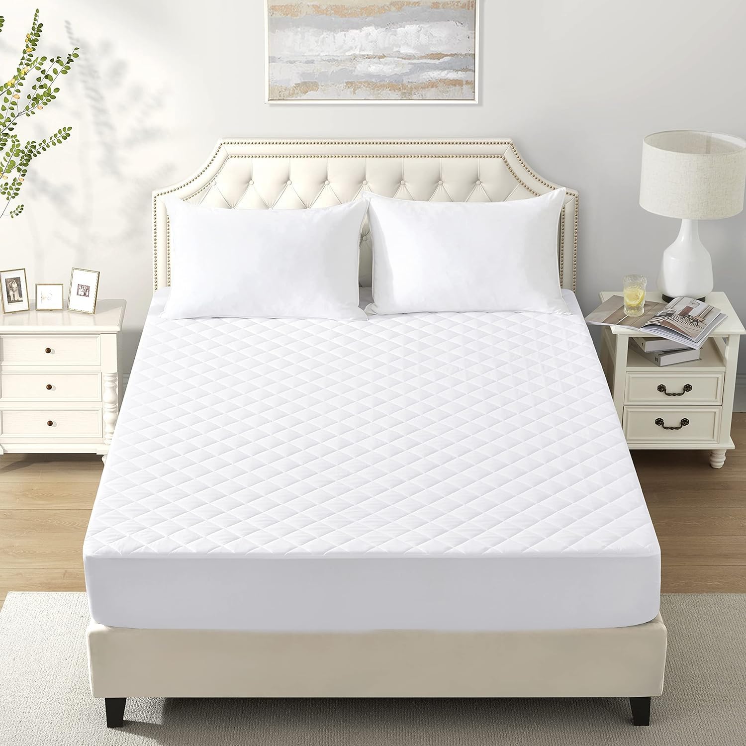 Quilted Fitted Stretchable Mattress Pad - All Side Elastic Deep Pocket - Hypoallergenic - Machine Washable Mattress Topper - White (180 X 200+30 CM)