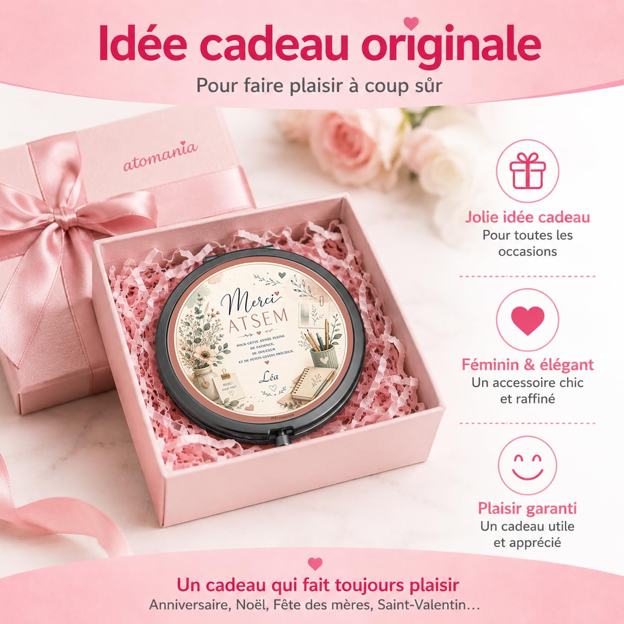 Miroir de Poche Merci ATSEM Personnalisé – Cadeau ATSEM Fin d'Année Scolaire avec Prénom – Cadeau Assistante Maternelle Élégant et Utile – Miroir Compact Femme