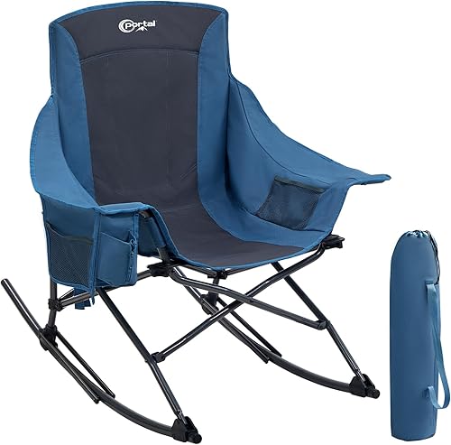 Miniatura 10 de Portal Mecedora para exteriores, plegable, portátil, con soporte para tazas, bolsa de transporte con bolsillo lateral, soporte de 350 libras (azul 1