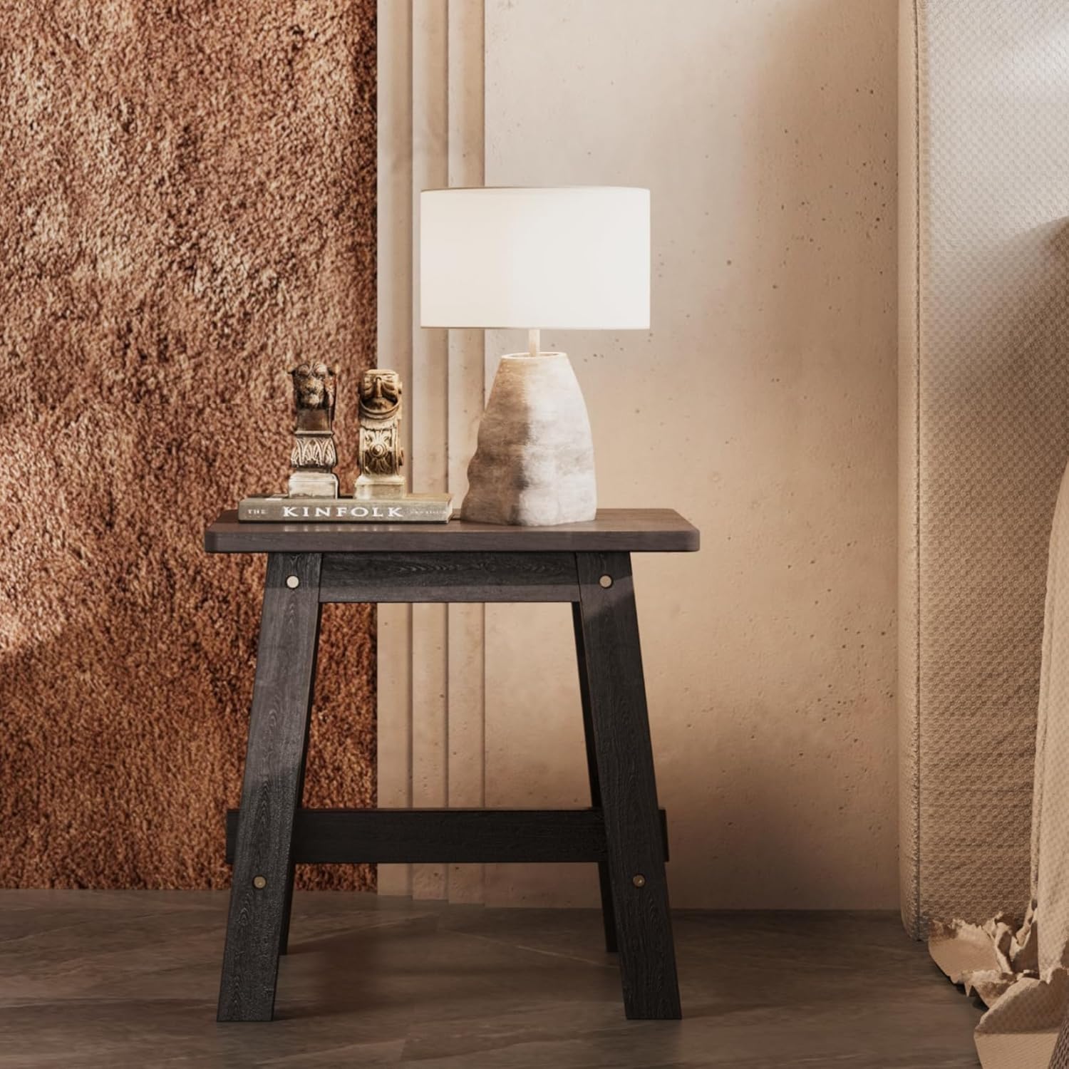 BEEFURNI Rectangular Acacia Wood Stool, Small Bench Seat, 18 Inch Stool, Wood Bathroom Vanity Bench, Plant Stand Indoor, 350 LBS Load Capacity, 1-Year Manufacturer Warranty (Black)