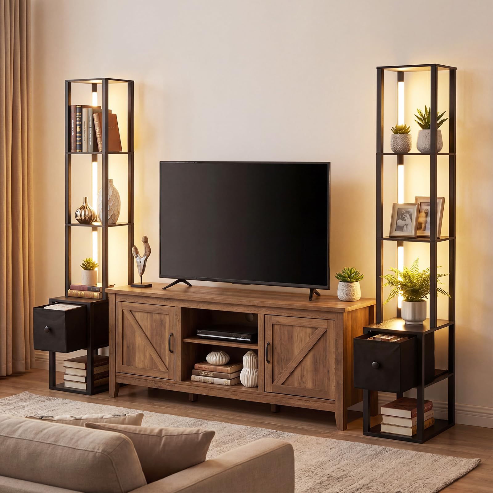 COSTWAY Lámpara de Pie con Estantes y Cajón, Lámpara de Pie Moderna con Mesa Auxiliar y Brillo Ajustable, Lampara de Esquina de Madera para Salón, Sofá, Dormitorio y Oficina, (Bombilla Incluida)