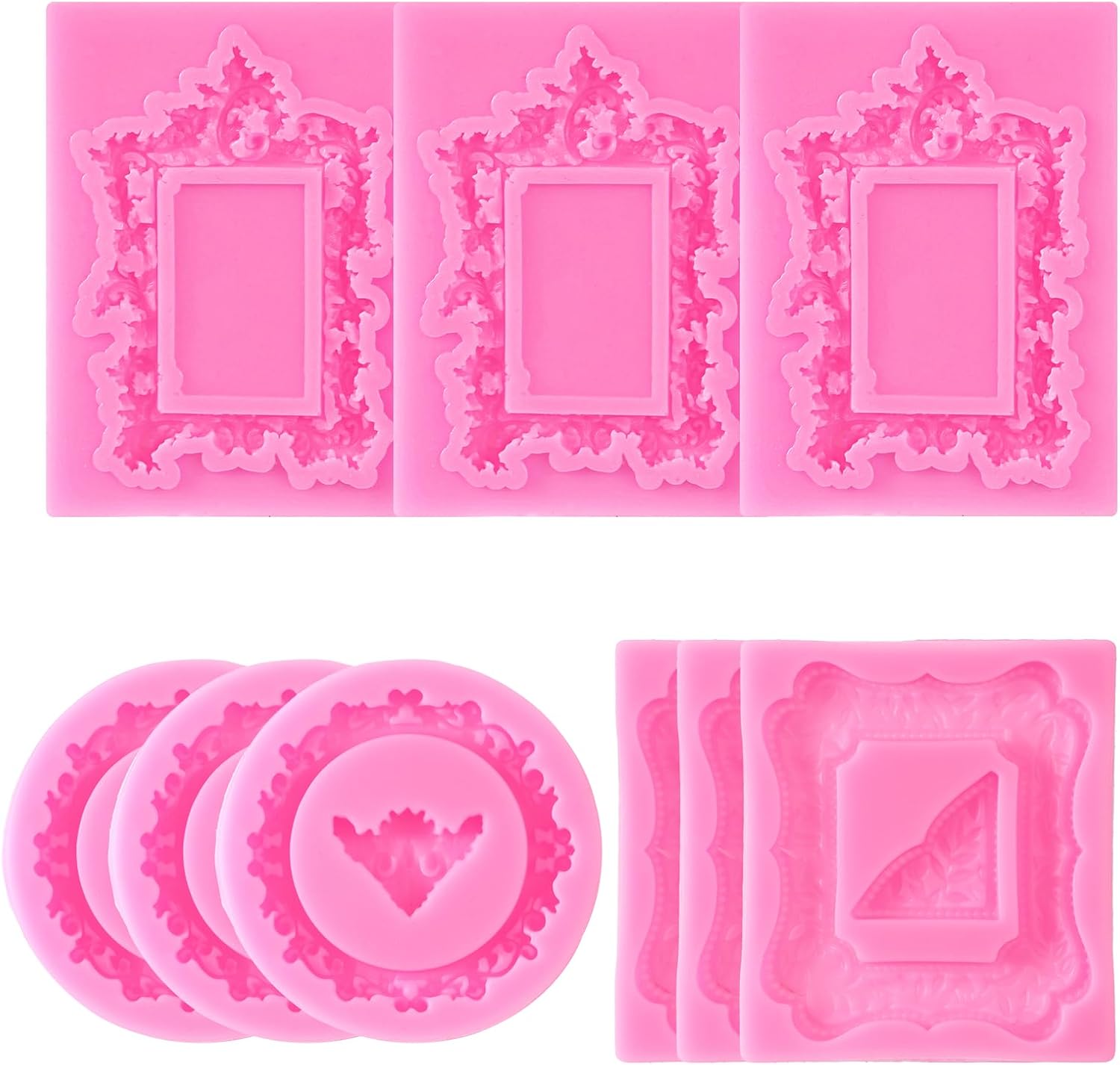 9 PCS Photo Frame Silicone Molds, Vintage Picture Photo Frames Fondant Molds Pink Baroque Frame Chocolate Mold for Chocolate Fondant Candy Cake Decoration Cupcake Topper Polymer Clay