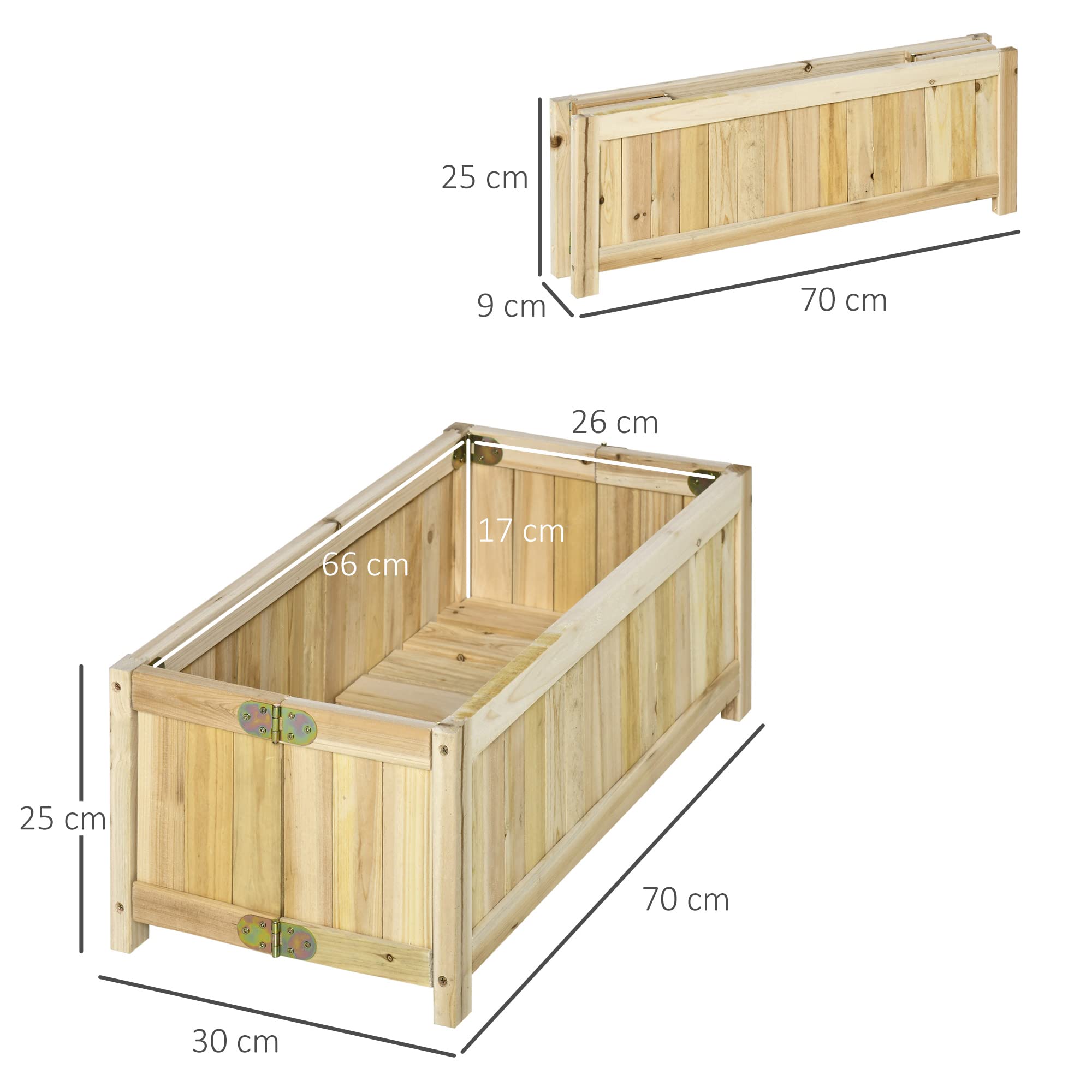 Outsunny Fioriera in Legno Pieghevole da Esterno, Orto Rialzato da Balcone, Orto in Cassetta Richiudibile con Base Drenante, 70x30x25cm