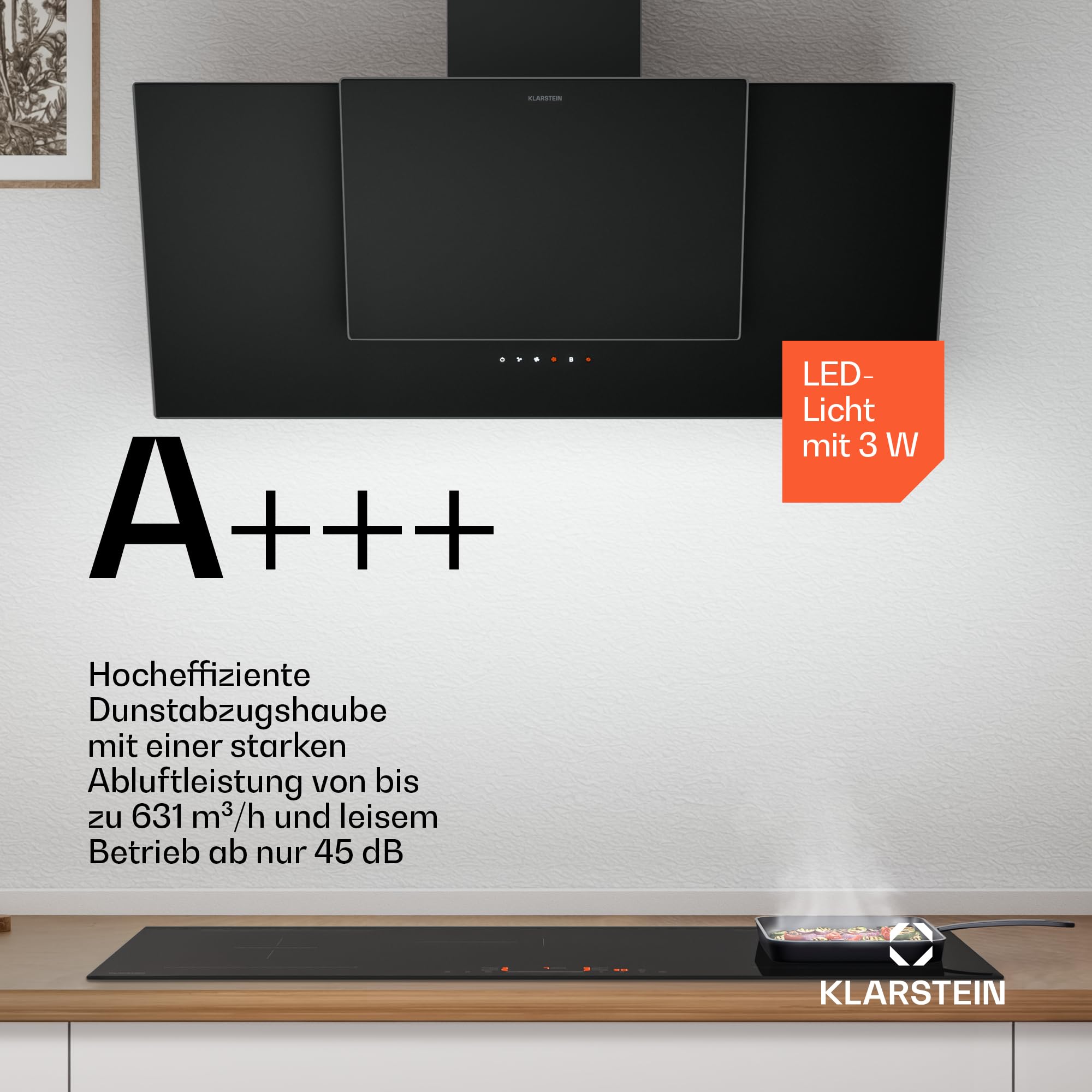 Klarstein HaloSync Induktionskochfeld mit Dunstabzug 90 cm – 5 Zonen, 11400W Boost, Touch-Slider, Flexzonen, Timer, Kindersicherung, Restwärmeanzeige, integrierter Dunstabzug