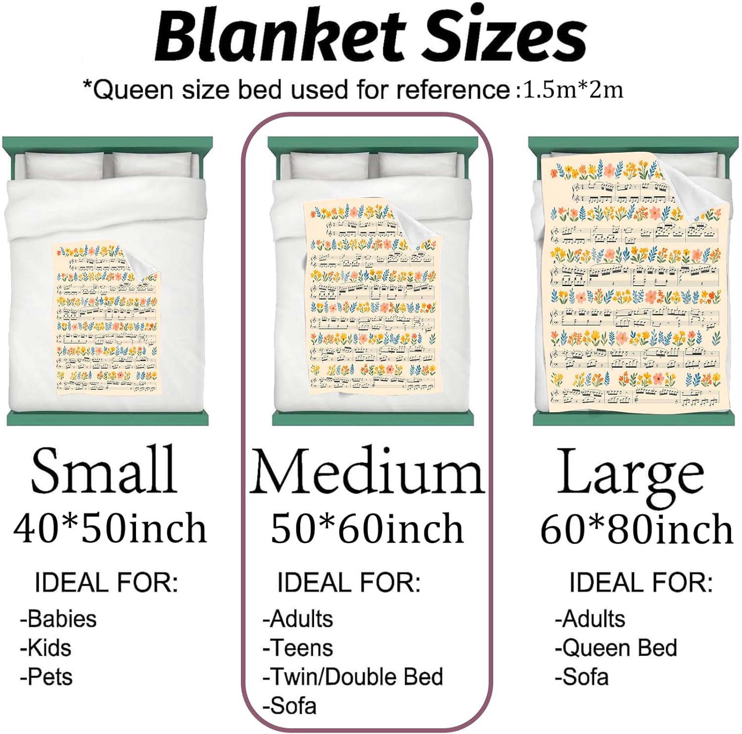 Floral Music Sheet Blanket Lightweight Flannel Blankets Gifts for Adults with Flower and Classical Piano Score Printed Throw for Couch Chair Office Bedroom Decor, 60x50inch