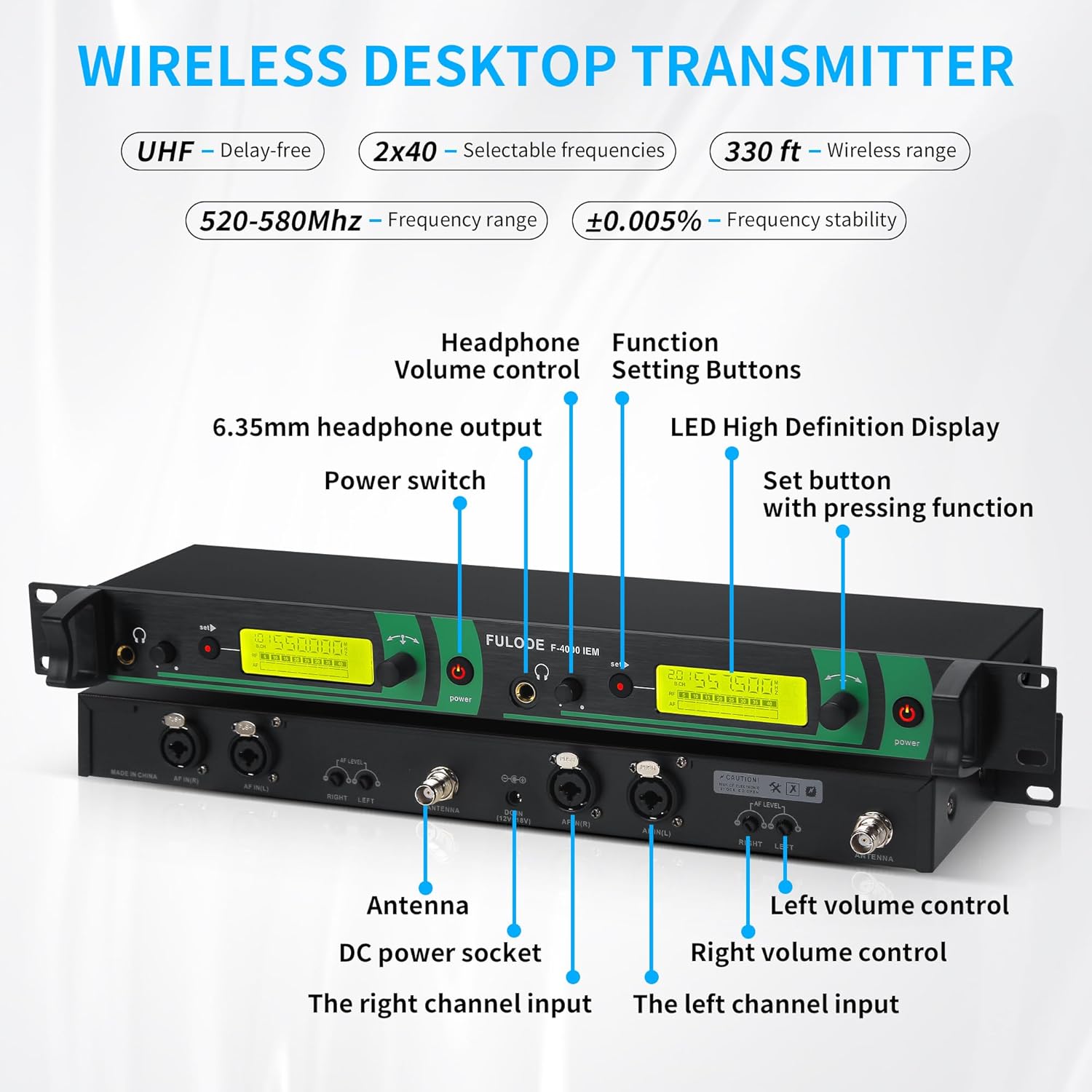 F-4000 2 Channel UHF Wireless in Ear Monitor System，2 Channel 4 Bodypack Monitoring with in Earphone Wireless Type，2x40 Adjustable Frequencies, 330ft Range, Used for Stage, Studio and Church