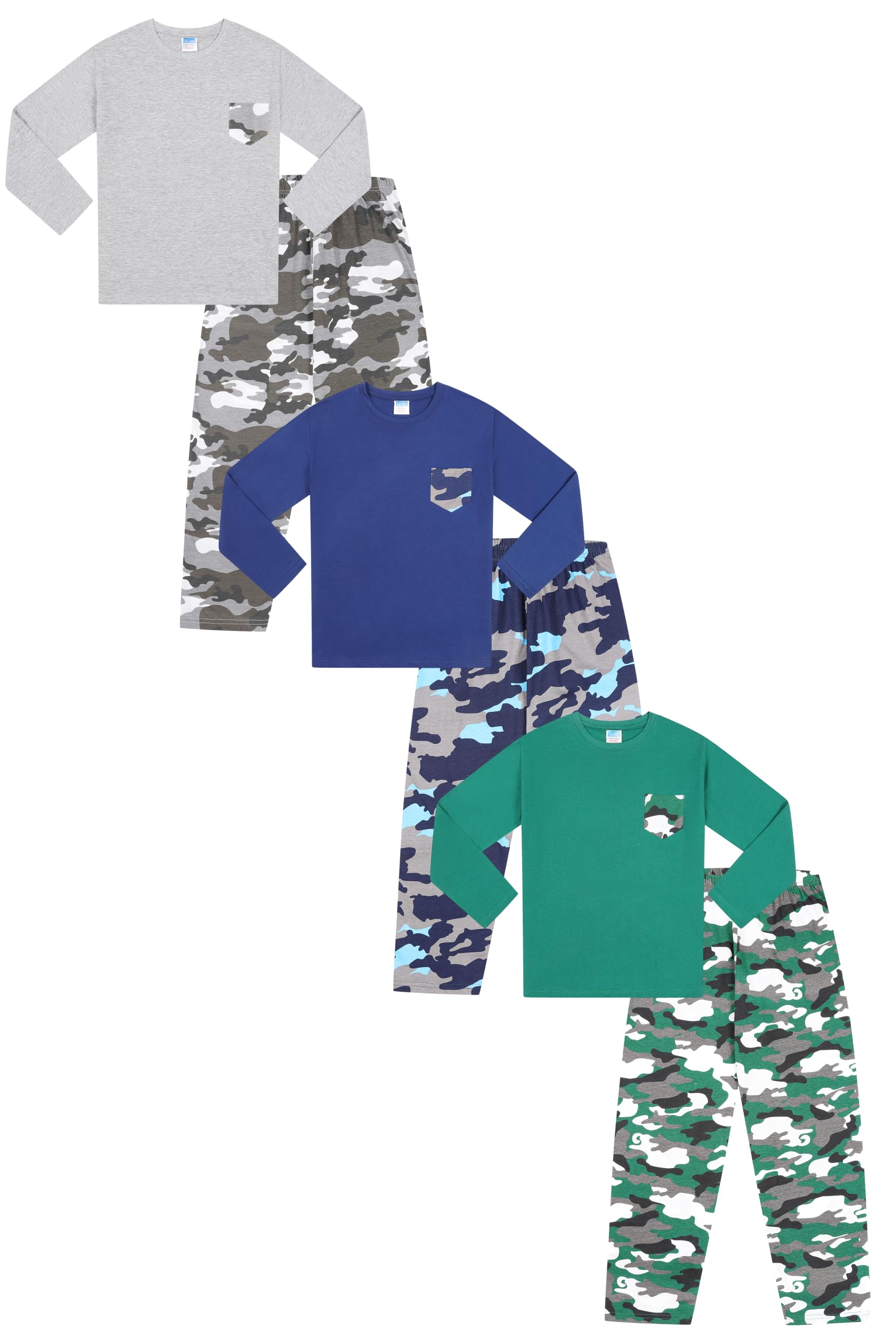Pigiama lungo mimetico per bambini, confezione da 3 pezzi, colore: verde, grigio e blu navy
