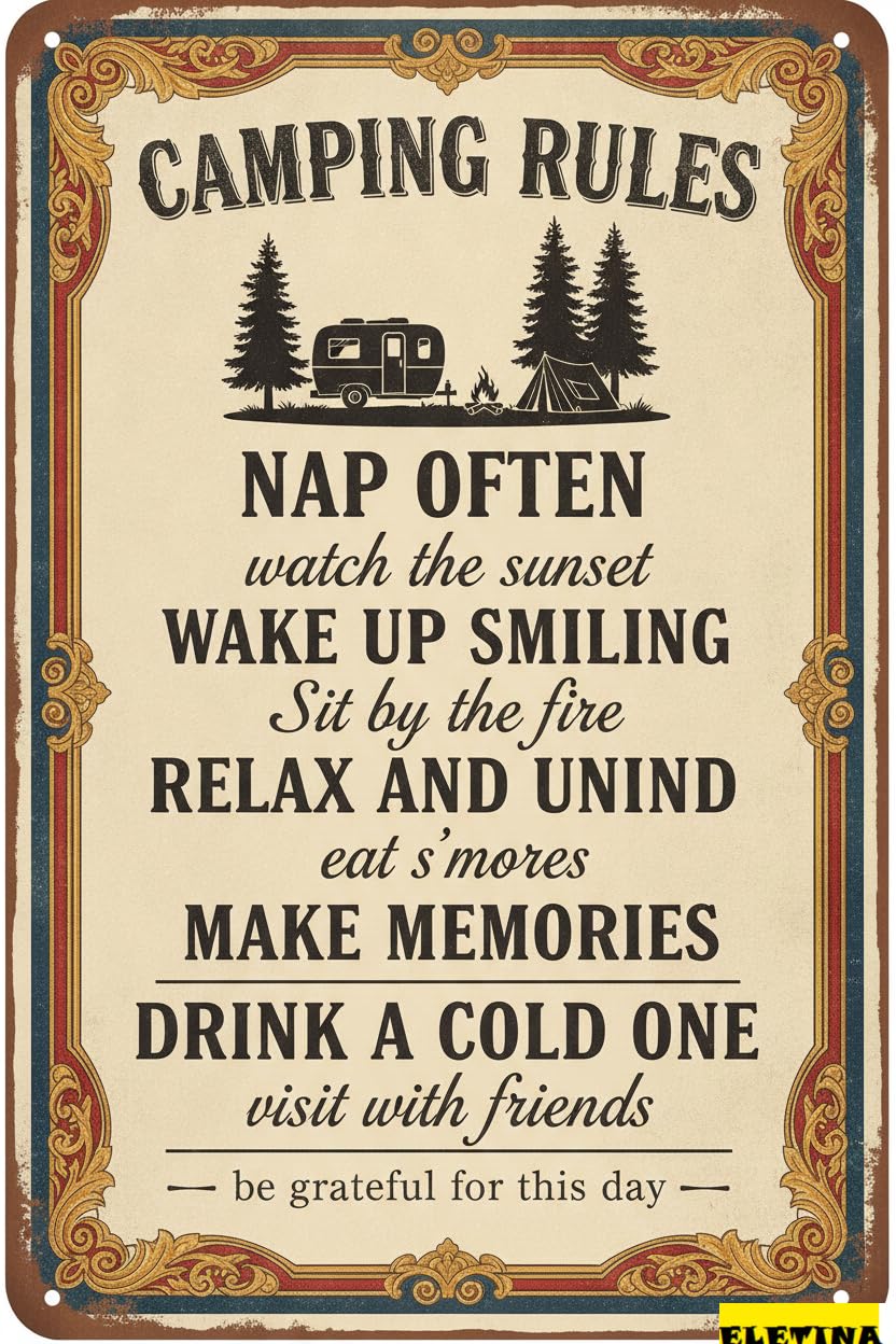 Camping Rules Funny Metal Tin Sign Camper Room Campsite Wall Decor Home Cafe Bar Club Camping Gift 8x12in
