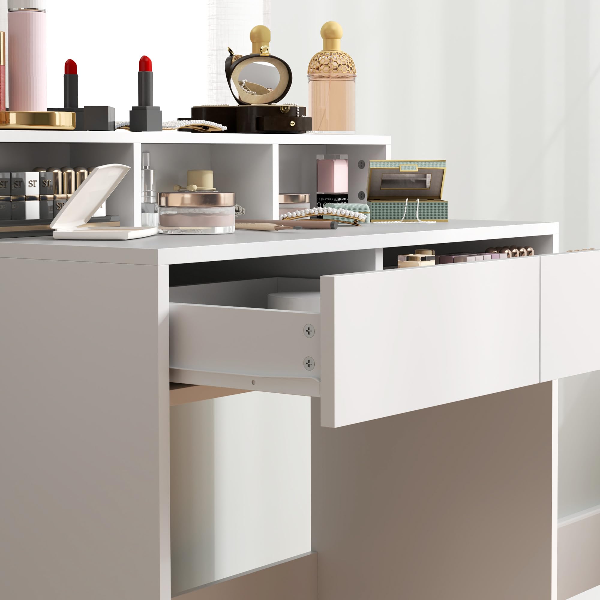 HOMCOM Postazione Trucco con Sgabello, Tavolo da Trucco con Specchio, 3 Ripiani, 2 Cassetti, Toeletta Trucco Moderno in Legno per Camera da Letto, 75x38x135 cm, Bianco