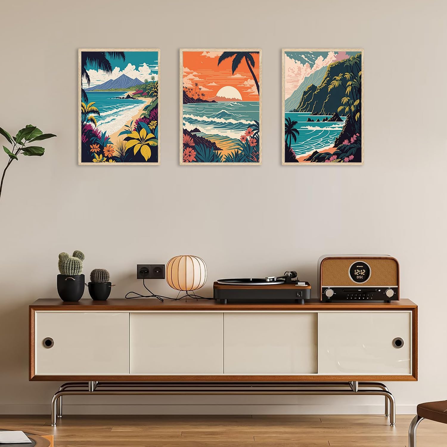 YUFEIART 3 Piece Framed Hawaii Travel Wall Art Retro Exotic Tropical Canvas Art Tropical Beach Landscape Pictures Wall Decor Ocean Sunset Art Prints for Living Room Bedroom 12"x16"
