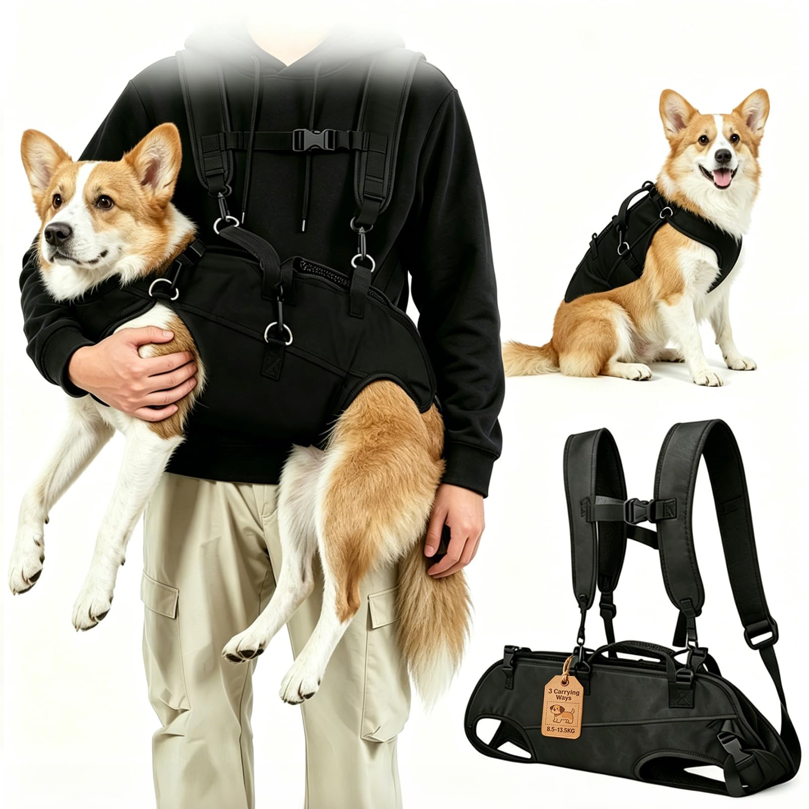 Grand Transport pour Chien Corps Entier,Sac a Dos Chien Con Bandoulière Réglable et Poignée de Commande,3 Méthodes de Tragédie Porte Chien Jusqu'à 15KG,Soutien pour Chiens âgés, Blessés