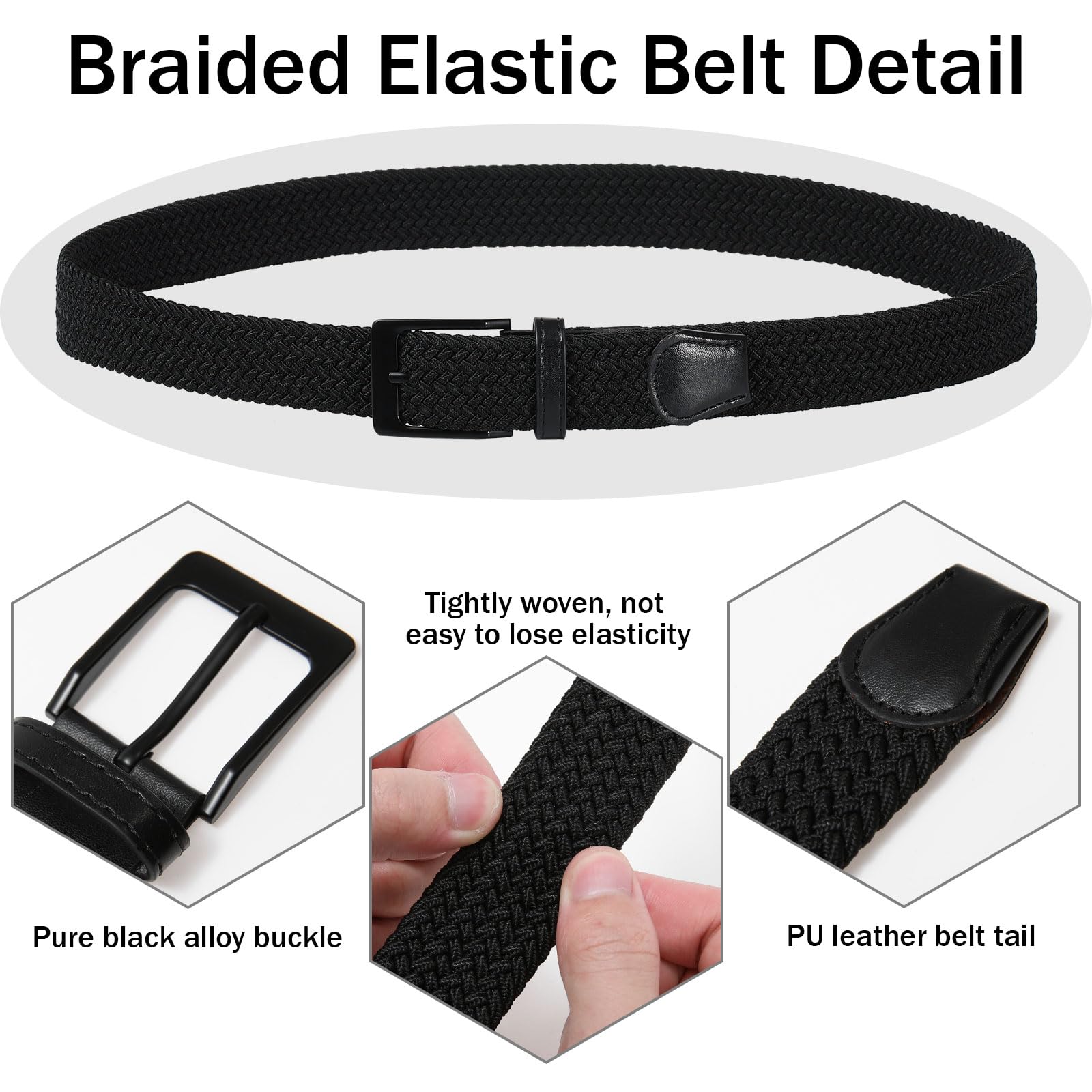 Cinturón elástico trenzado para mujer, para hombres y mujeres, cinturones de golf elásticos tejidos para pantalones vaqueros, Negro - 3