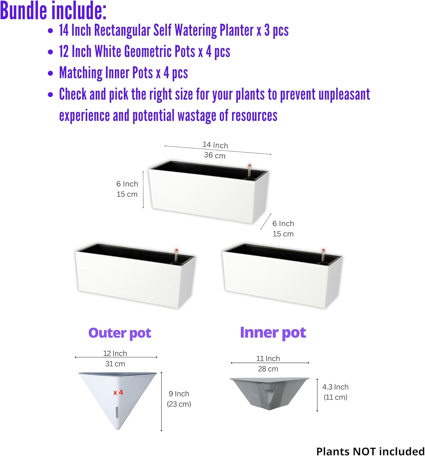LaLaGreen Bundle- 3 Pack, 14 Inch White Rectangular Self Watering Planter + 4 Pack, 12 Inch Geometric Wall Pot Hanging Flower Vase Modern Stylish Window Flower Succulent Indoor Plant Holder Home Decor