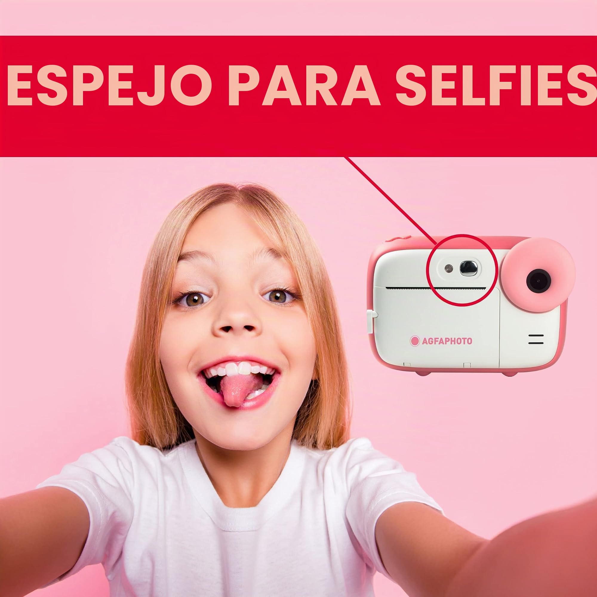 AGFA Photo Pack Realikids Instant CAM + 3 Rollos de Papel térmico ATP3WH adicionales, cámara instantánea Infantil, Pantalla LCD de 2,4 Pulgadas, batería de Litio, Espejo Selfie y Filtro de Fotos Rosa