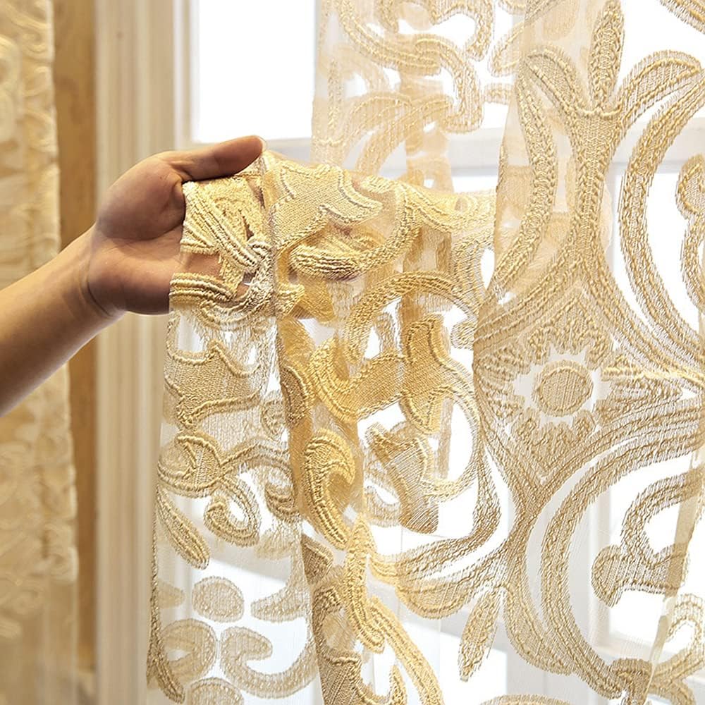 Luxury Flower Embroidered Sheer Curtain with Hollow Lace Gold Tulle Curtains for Bedroom Transparent Yarn Light Filtering Decorative Sheer Villa Grommet TopWindow Treatment Sliding Door 2 Panels