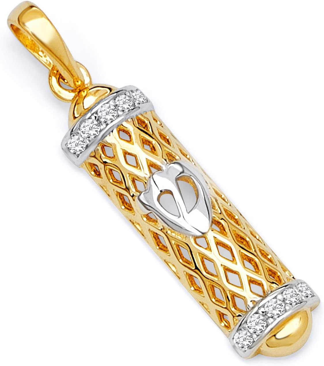Wellingsale 14k Two 2 Tone White and Yellow Gold Mezuzah Pendant (Size : 26 x 5 mm)