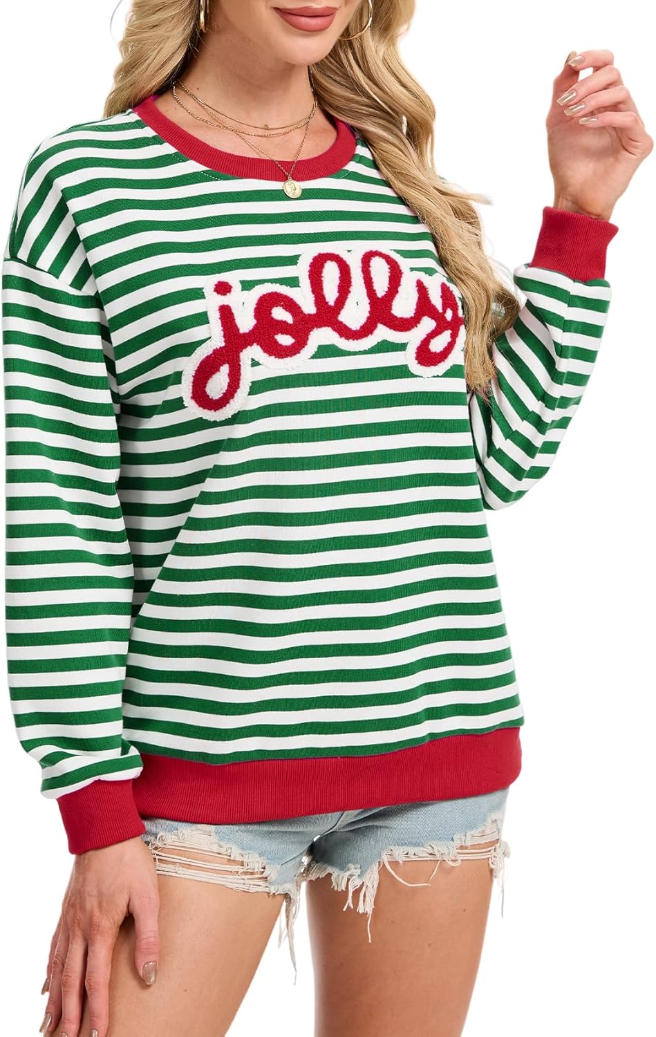 Gihuo Christmas Sweatshirts for Women Merry Jolly Oversized Crewneck Sweatshirt Xmas Pullover Top