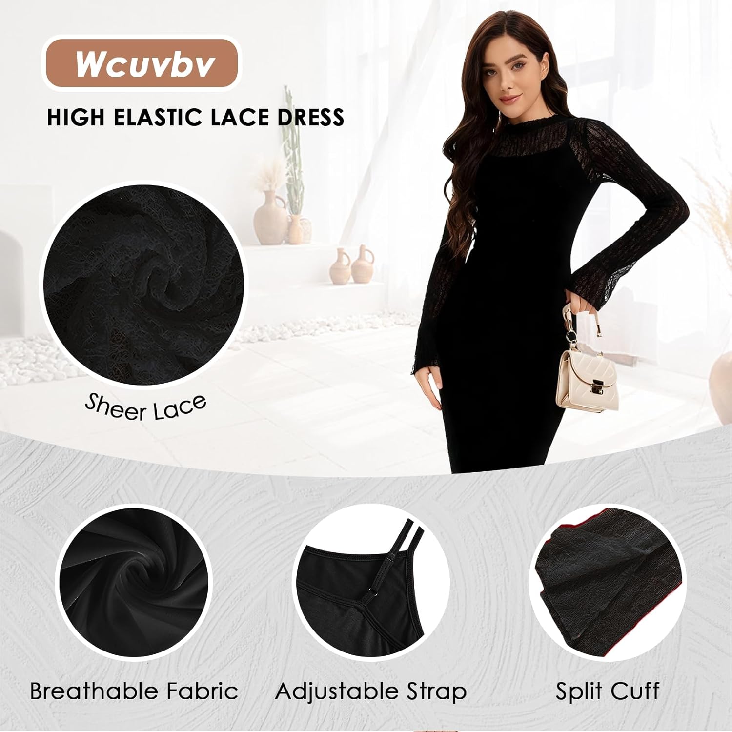 Women 2 Piece Lace Dress Set Sexy Bodycon Long Sleeve Elegant See Through Cocktail Wedding Guest Dresses - Image 5