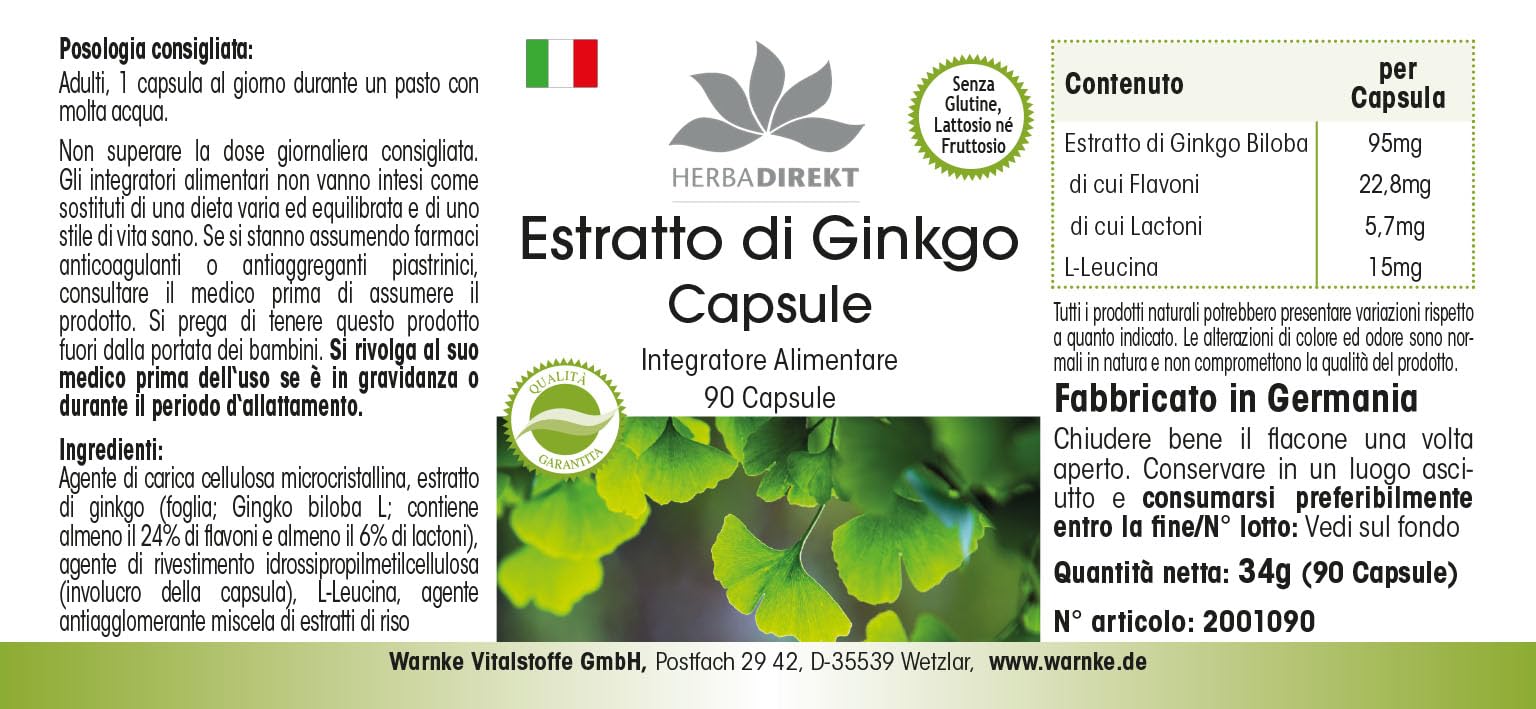 Estratto Ginkgo Biloba capsule 95mg - 90 capsule - almeno 24% di flavoni e almeno 6% di lattoni | HERBADIREKT by Warnke Vitalstoffe - Qualità da farmacia tedesca