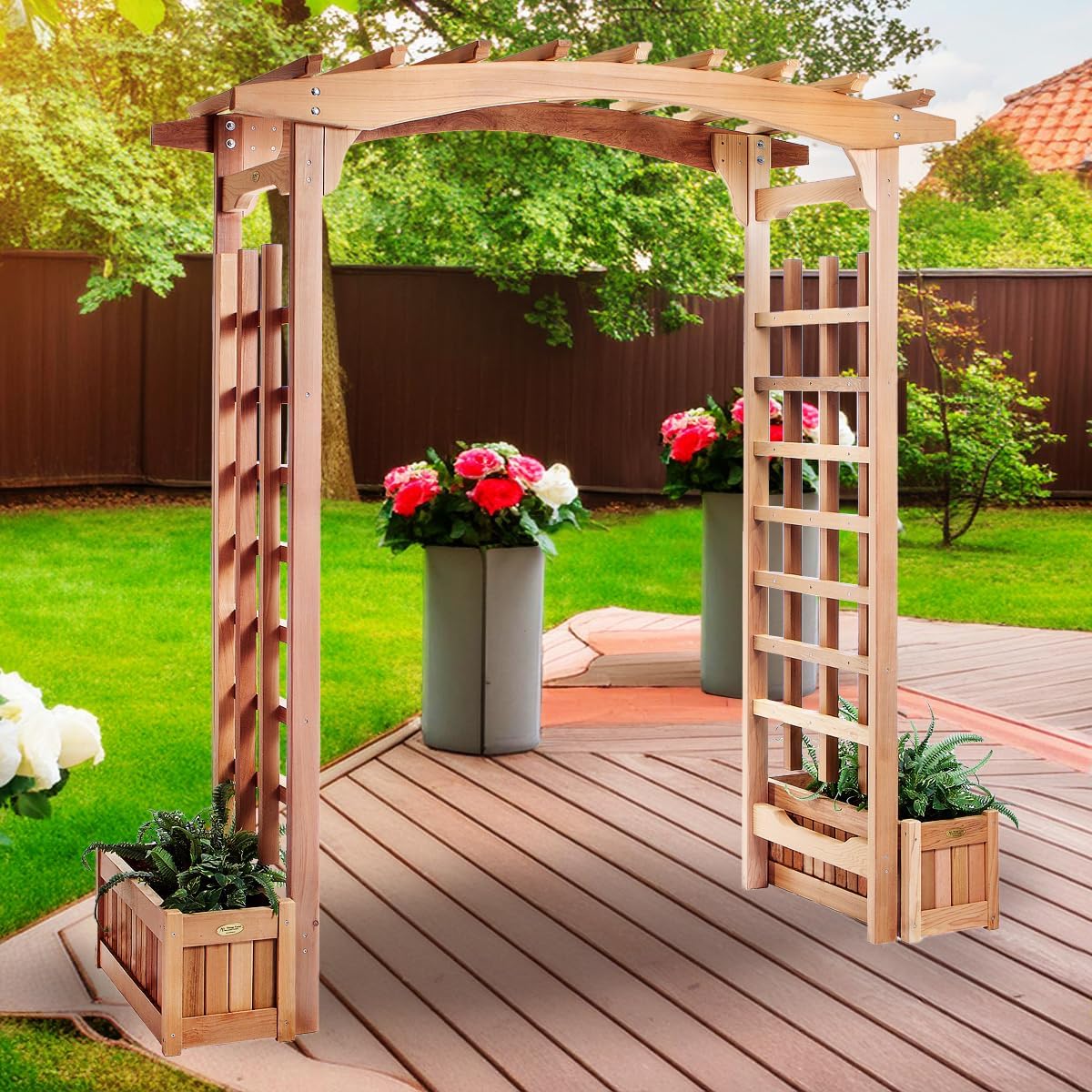 All Things Cedar PA96-Set 6-ft Cedar Garden Pagoda Arbor with Side Planters | Wedding Arch for Ceremony | Wood Trellis for Outdoor & Plant Climbing | Handcrafted (Western Red Cedar)