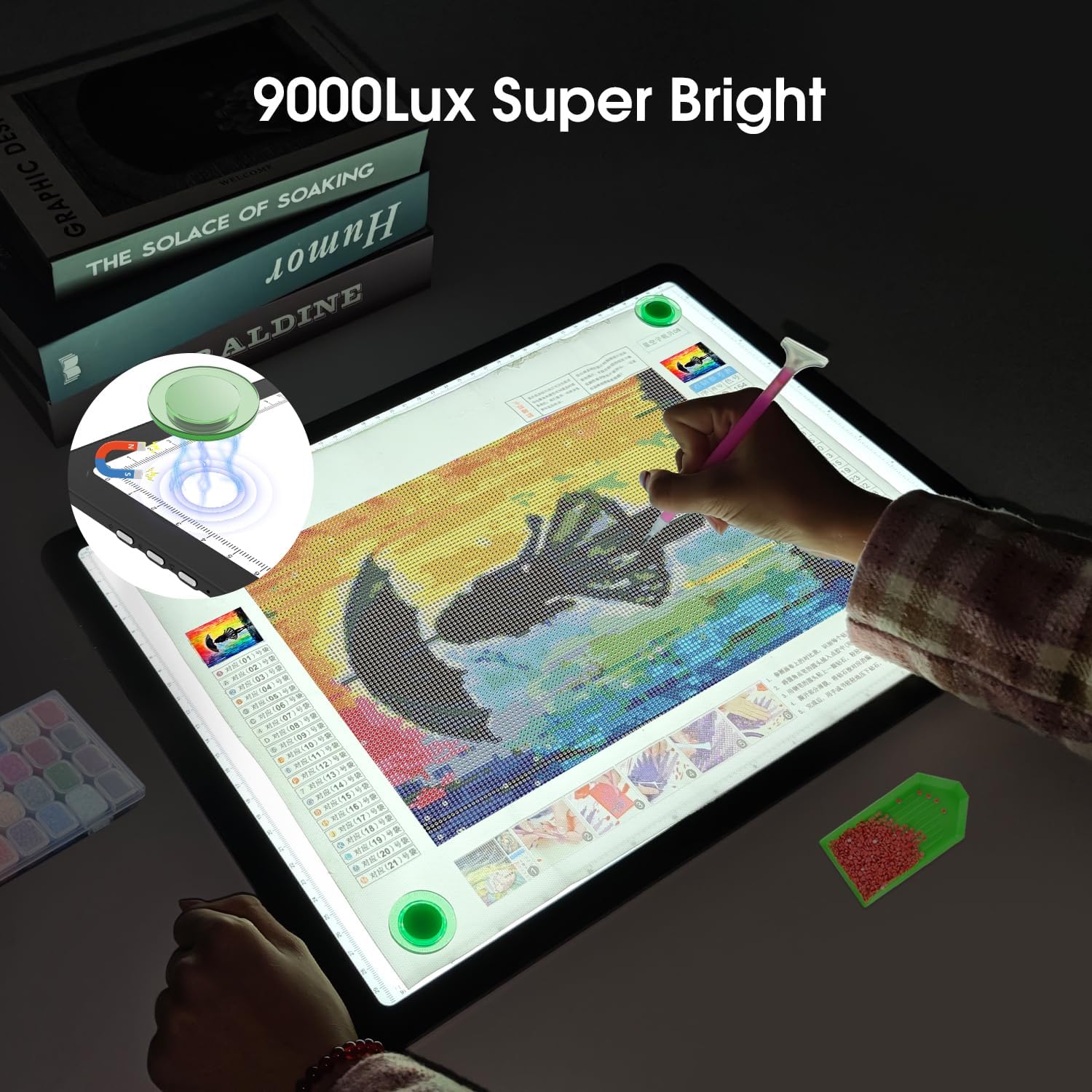 Rechargeable A4 Light Pad for Diamond Painting, Super Bright Tracing Light Box with 6 Levels of Brightness, Side Physical Buttons & 3 Colors, Wireless Light Board for Diamond Art, Drawing, Sketching
