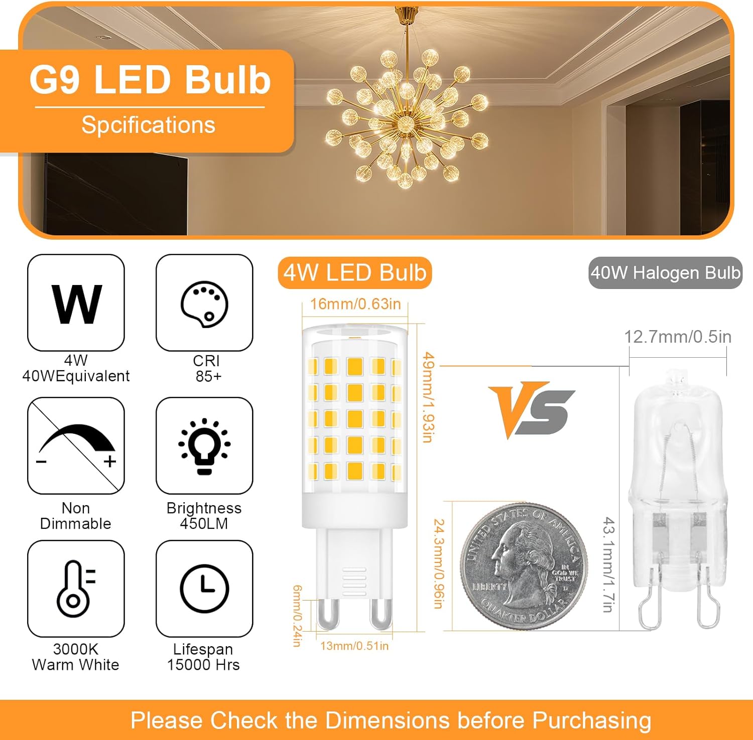 G9 LED Bulb 4W, 40 Watt T4 G9 Halogen Equivalent, 3000K Warm White, Ceramic Bi Pin Base, 120V 400 Lumen 360°Beam Angle No-Flicker, Chandelier Lighting 400LM (5 Pack)