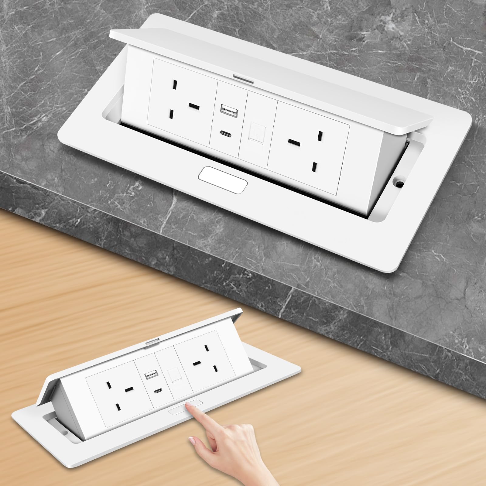 Recessed Desktop Power Socket with 2 UK Outlets, 1 RJ45, USB-A & Type-C Ports, Hidden pop-up design with brushed aluminium cover, perfect for modern kitchens, offices, and meeting tables. (White)