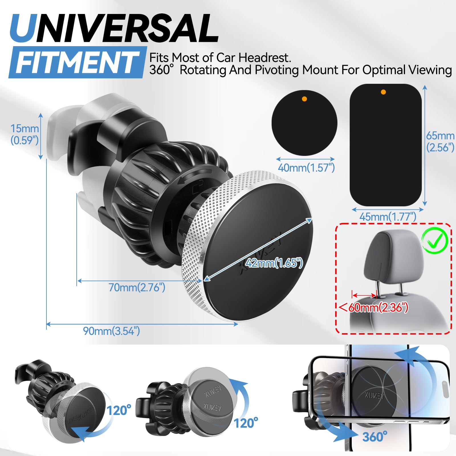 XUKEY Supporto per Tablet da Auto Magnetico per Poggiatesta, 2 in 1 Supporto per Tablet da Poggiatesta per Auto, SupportI per Borsa Rotazione a 360° Gancio Universale per Seggiolino