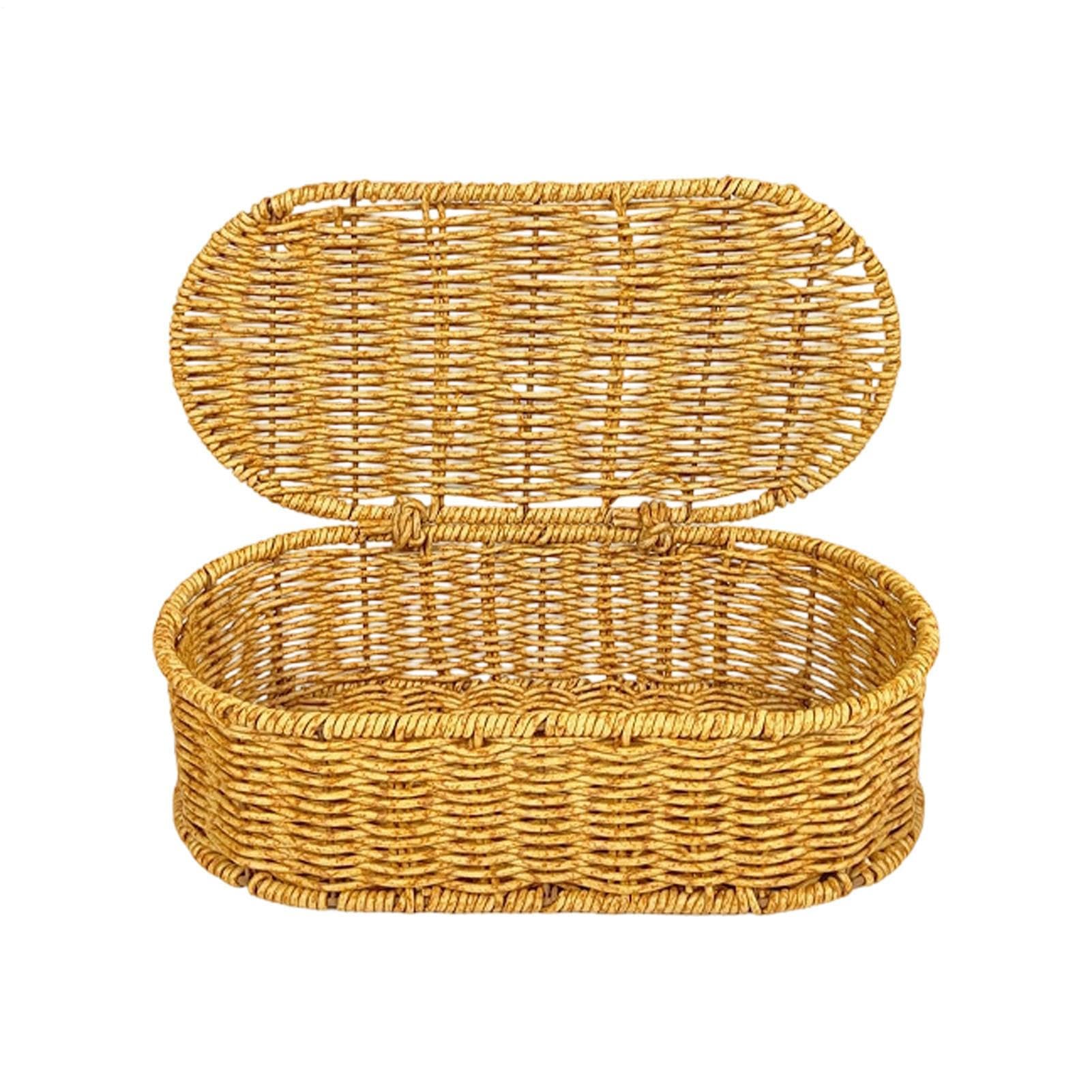 Cesta de almacenamiento de mimbre con tapa, organizador decorativo tejido a mano, diseño a prueba de polvo y ahorro de espacio para baño, dormitorio o cocina, 28 x 14 x 9 cm, cestas ovaladas estrechas