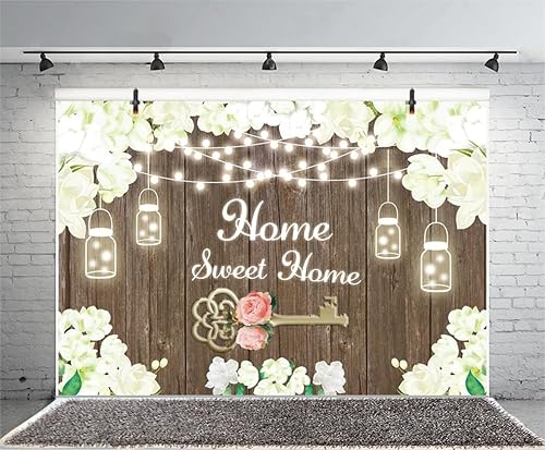 Miniatura 9 de Leyiyi Telón de fondo rústico de 5 x 3 pies, diseño de flores blancas para inauguración de la casa, luces brillantes de madera para decoración de