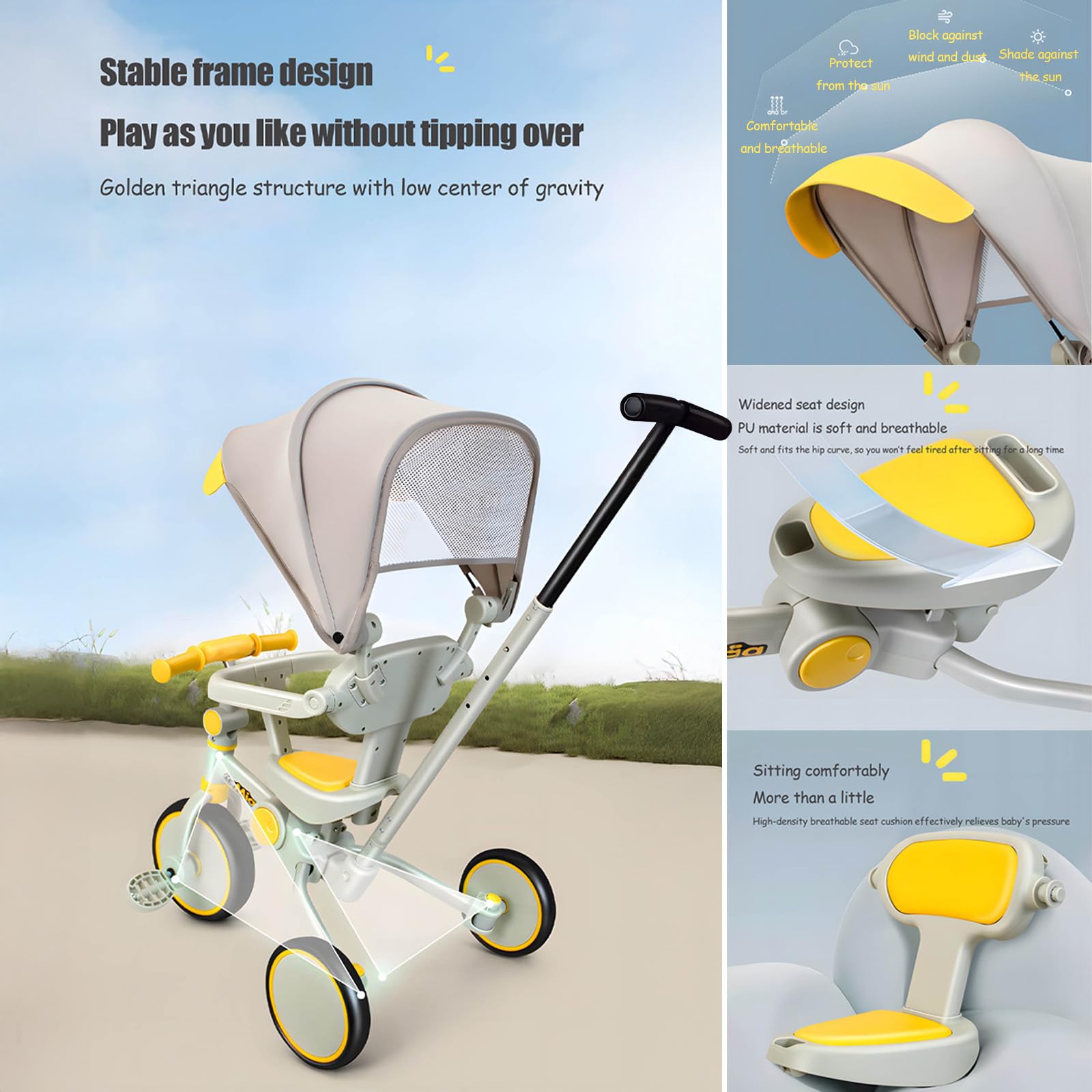LHTJHP Baby Tricycle 6 in 1 Todder Trike Removable Adjustable Push Handle with Detachable Canopy Safety Harness for 1-6 Year Multifunctional Folding Tricycle Baby Todder Kids,Yellow