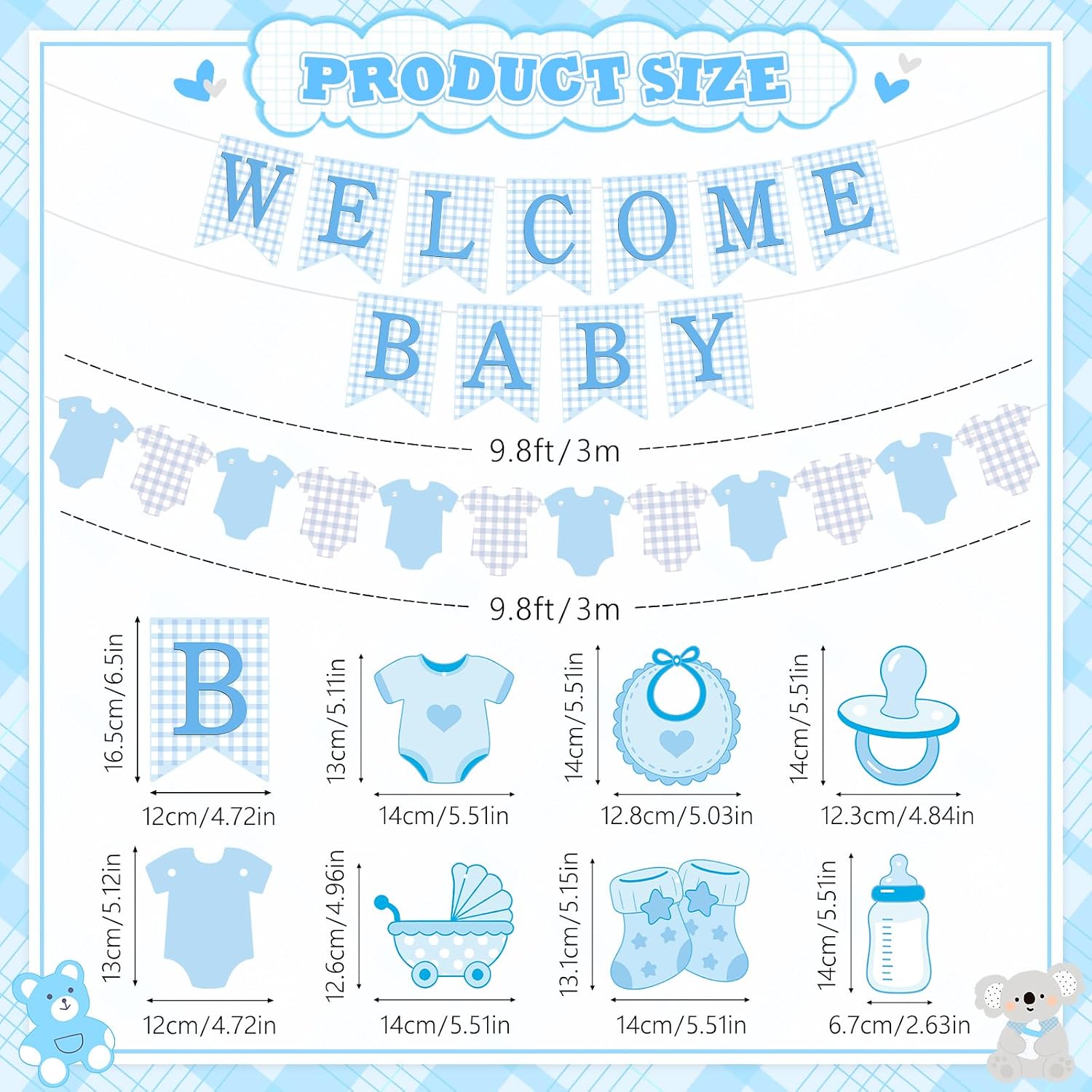 Baby Shower Decorations | Welcome Baby Sign Banner for Boy, Blue Gingham Baby Shower Banner for Newborn Welcome Party Supplies