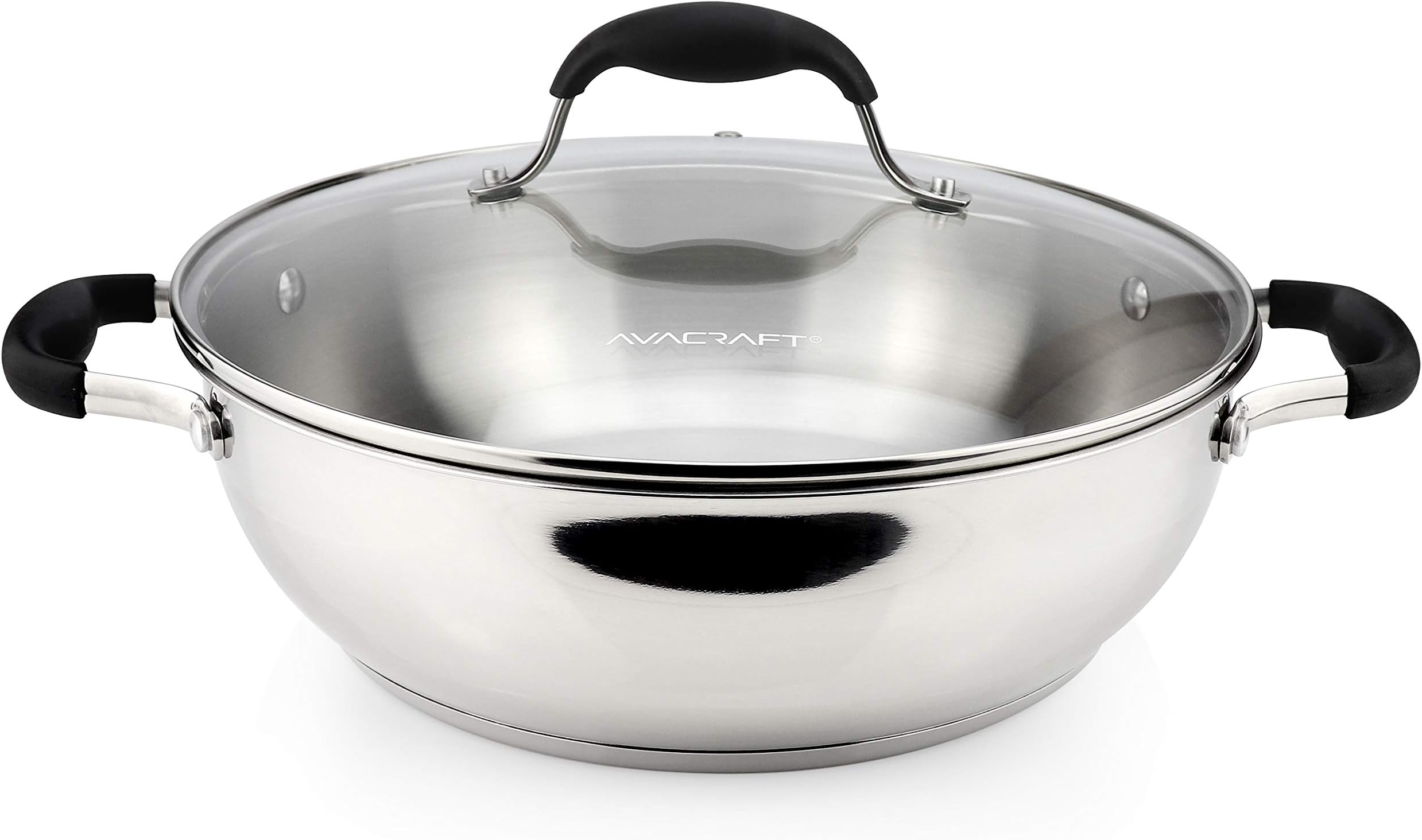 AVACRAFT 18/10 Stainless Steel Everyday Pan, Stir Fry Pan with Five-Ply Base, Chef’s Pan with Glass Lid, Multipurpose Stewpot Skillet, Saute Pan, Casserole in Pots and Pans (11 inch)