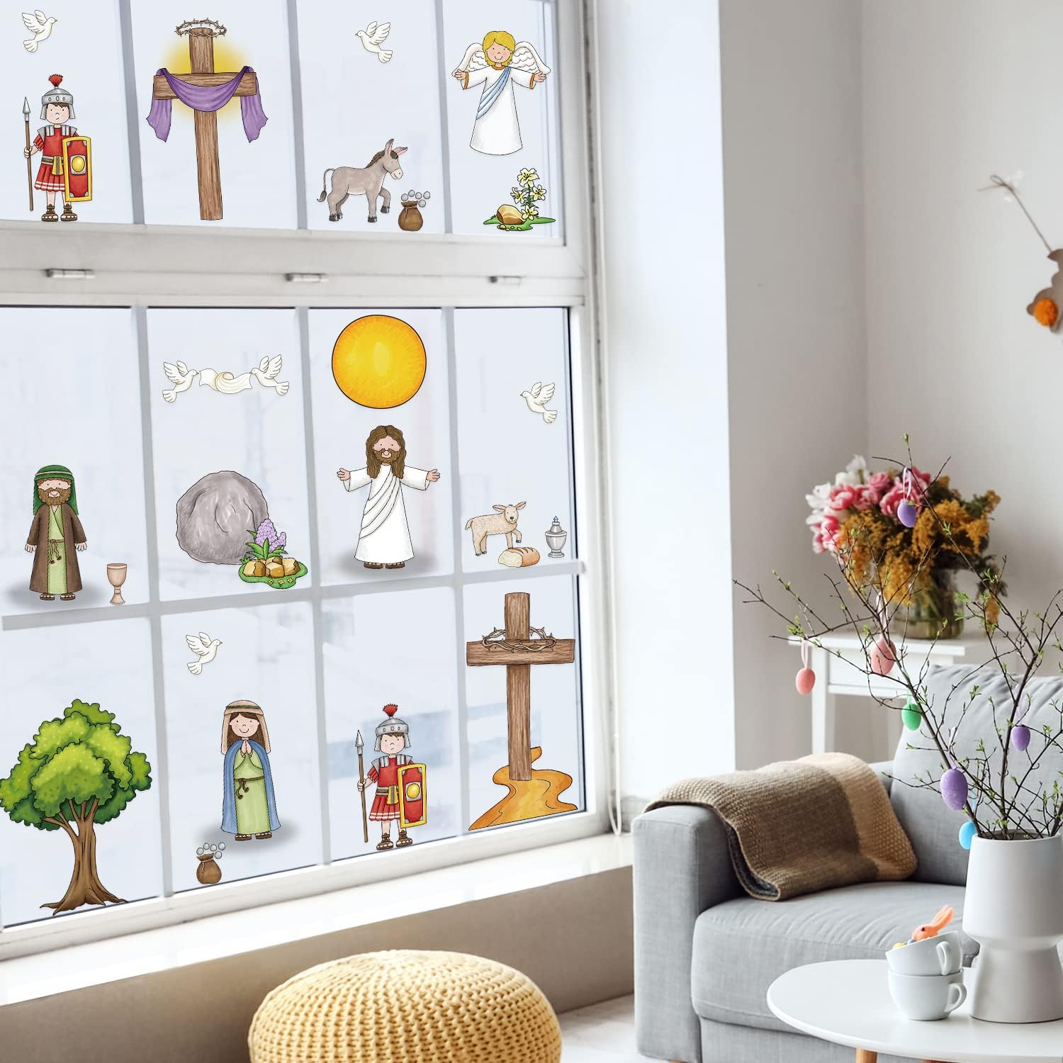 Generic Easter Window Decals, 5 Sheets, Multicolor, Classic Style, PVC Material, He is Risen, Resurrection, Jesus Christ, Window Surface