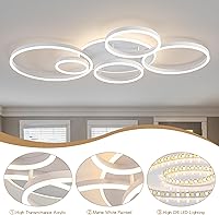 Vista 4 de O'NEELDY Modern LED Ceiling Light White Flush Mount Ceiling Lights Fixtures Dimmable 47" Dining Room Light Fixture with Remote 6 Rings Kitchen