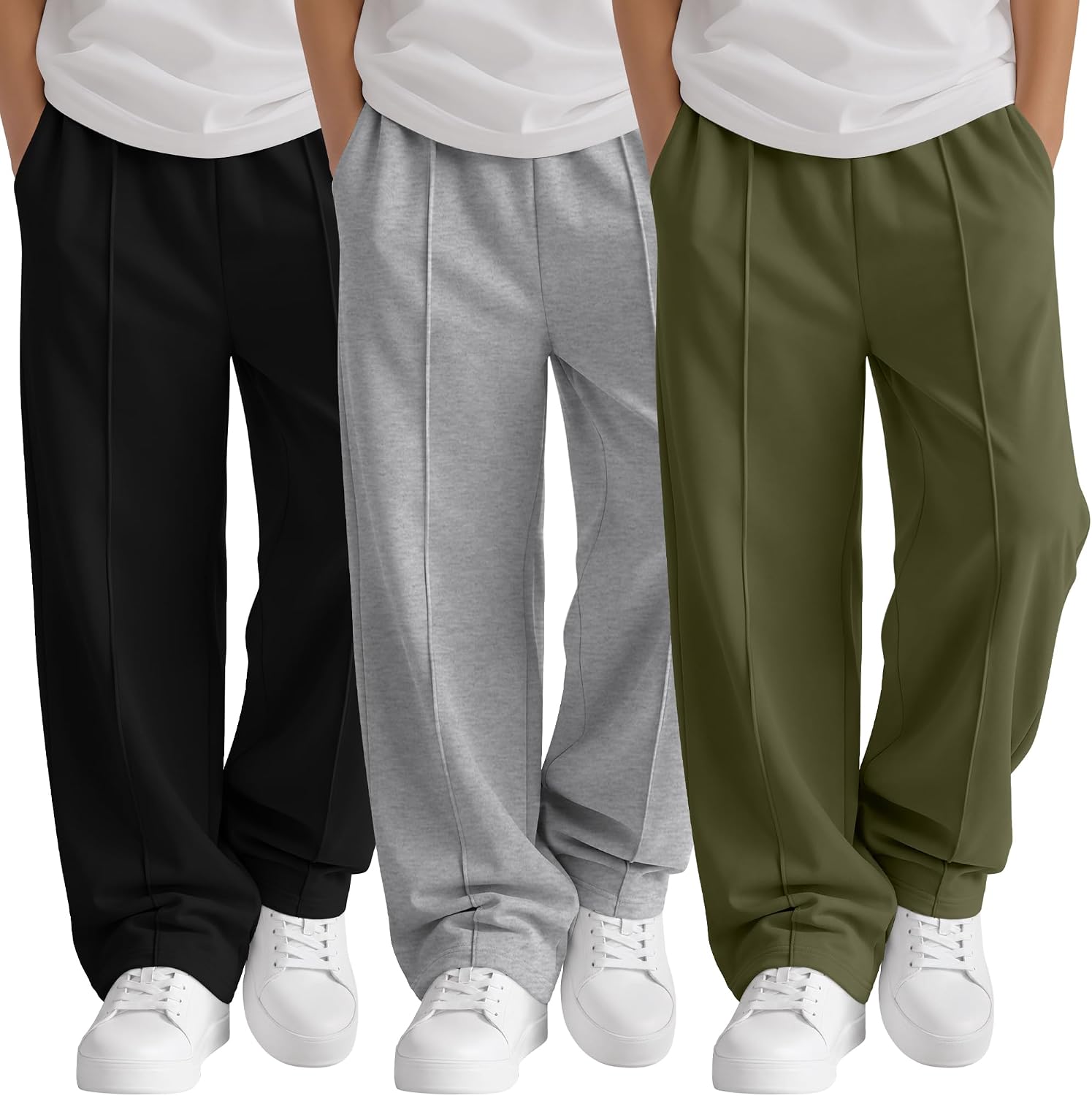 3 Pack Boys' Baggty Sweatpants | Back to School, Athletic Pants, Wide Leg Open Bottom, Elastic Waist Joggers, Sports Casual Wear, Uniform Pants with Pockets
