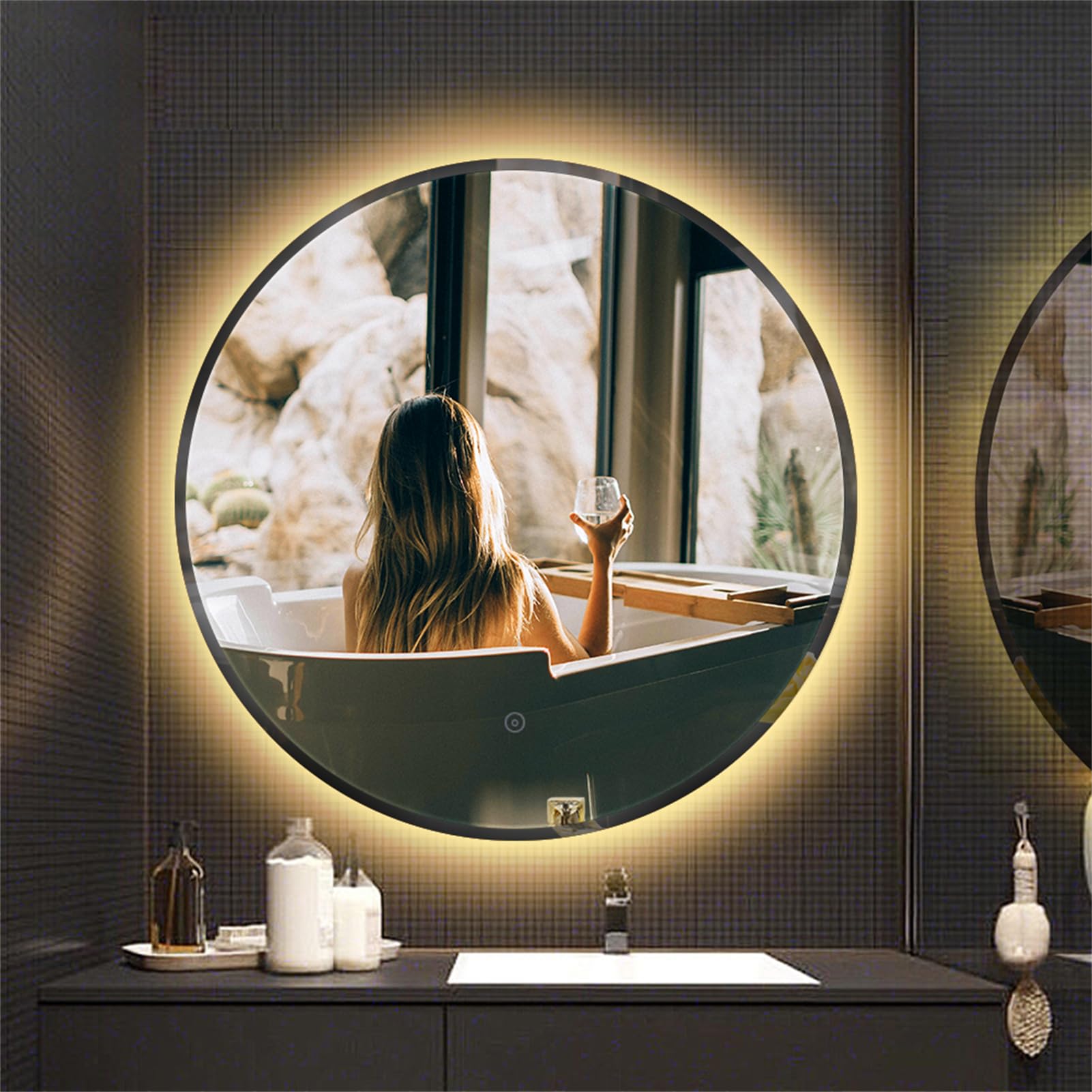 Homewell Espejo de baño con iluminación, 80 x 80 cm, espejo LED redondo con interruptor táctil, espejo antivaho blanco cálido, sin cobre, espejo de pared con marco de metal (modelo 4, 80 x 80 cm)