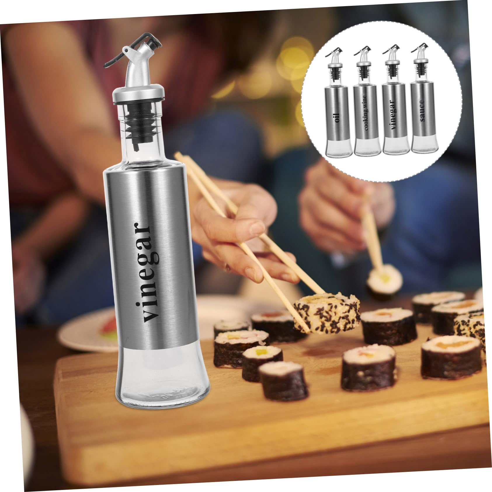 Cabilock Set de 4 Botellas Dispensadoras de Aceite y Vinagre de 300ml Diseño Elegante de Acero Inoxidable y Vidrio para Cocinas y Restaurantes
