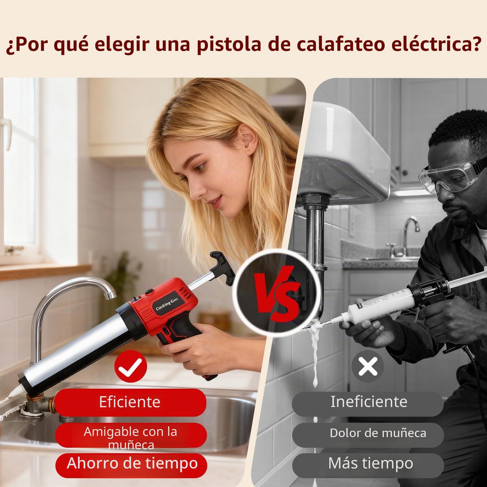 Pistola Silicona Bateria 300ml, Pistola Silicona Eléctrica Inalámbrica a Pilas Ligera de 0.9kg con Luz LED y Mango Ergonómico para Sellar Ventanas Puertas y Juntas para Pilas AA